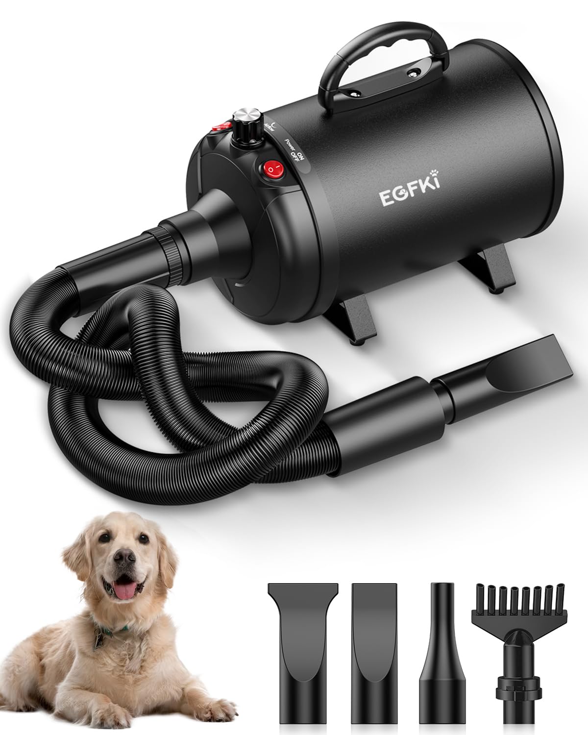 Egfki Dog Dryer, 5.2Hp/ 3800W Pet Grooming High Velocity Force Blower With 4 Nozzles, Adjustable Speed And Temperature Dog Hair Dryers For Grooming