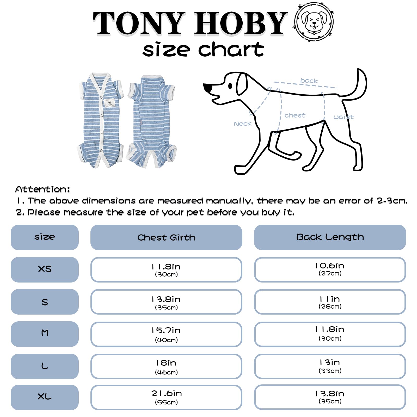 Tony Hoby Female/Male Pet Dog Pajamas Stripes 4 Legged Dog Pjs Jumpsuit Soft Cotton Dog Clothes (Xl,Blue+White-Girls)