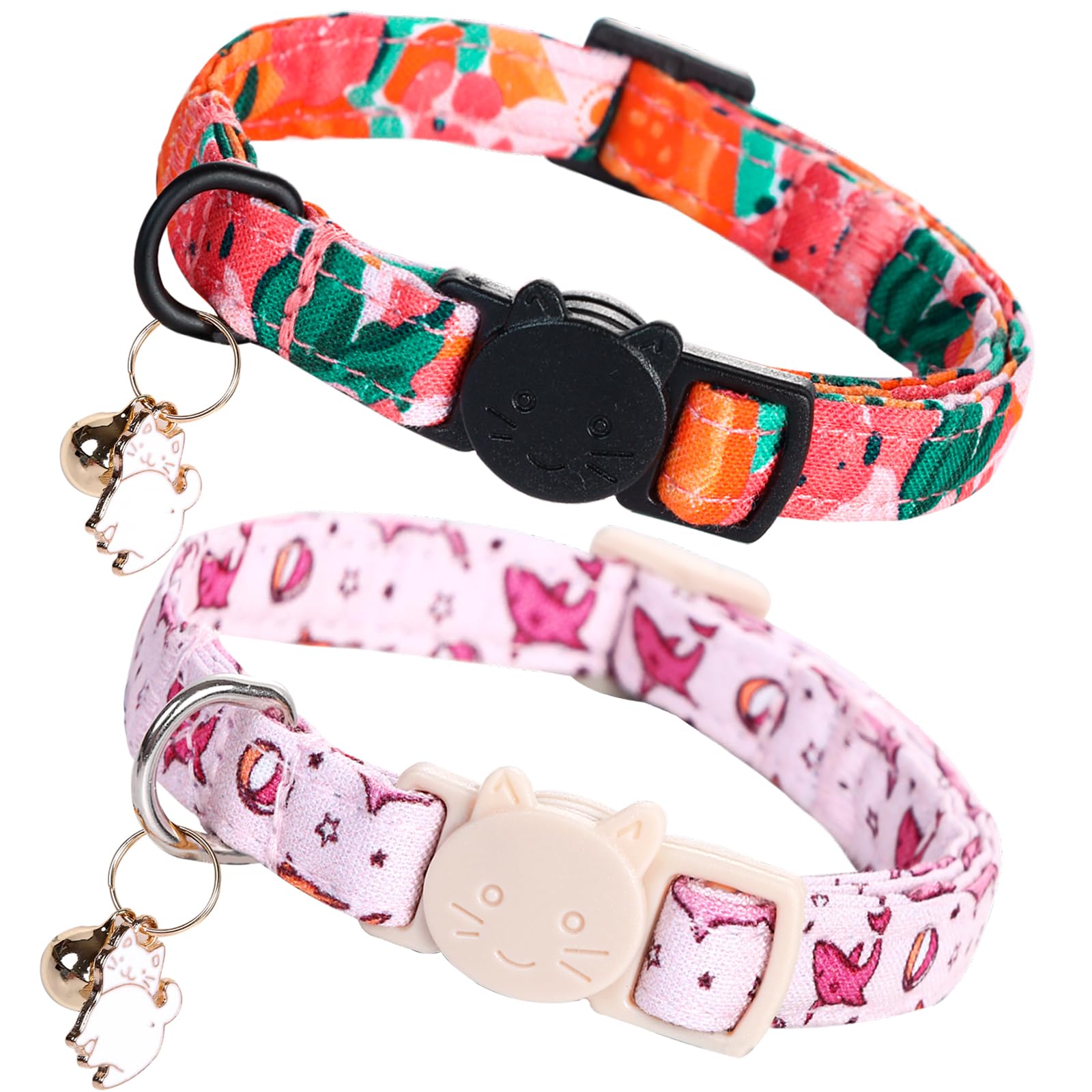 Lionheart 2 Pack Glory Cat Collar Breakaway With Bell & Pendant Pink Flower Shark Kitten Collar Soft Adjustable Safety Collars F