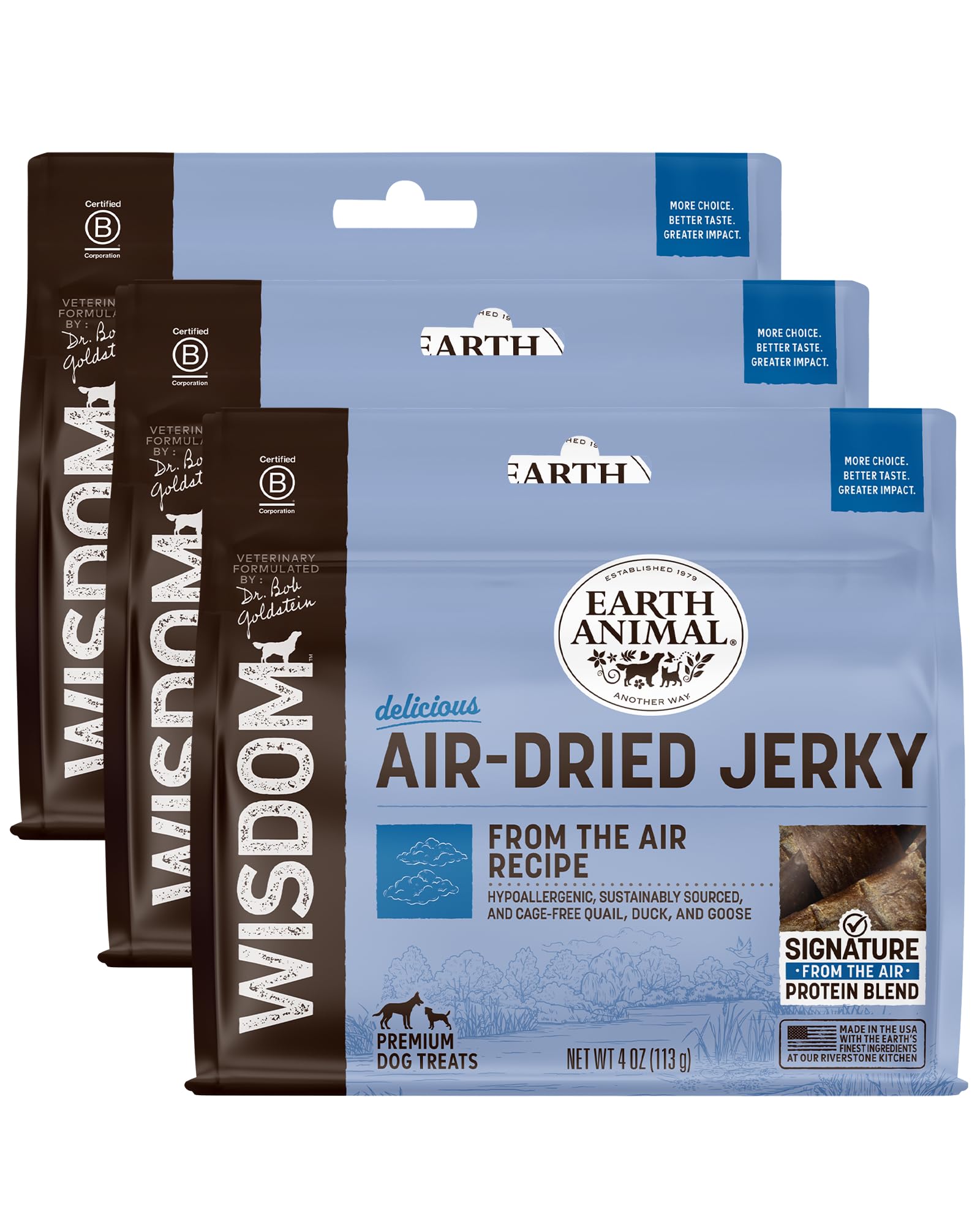 Earth Animal Wisdom Air-Dried from The Air Recipe Premium Natural Jerky Strips Dog Treats, 4 oz. Bag (Pack of 3)