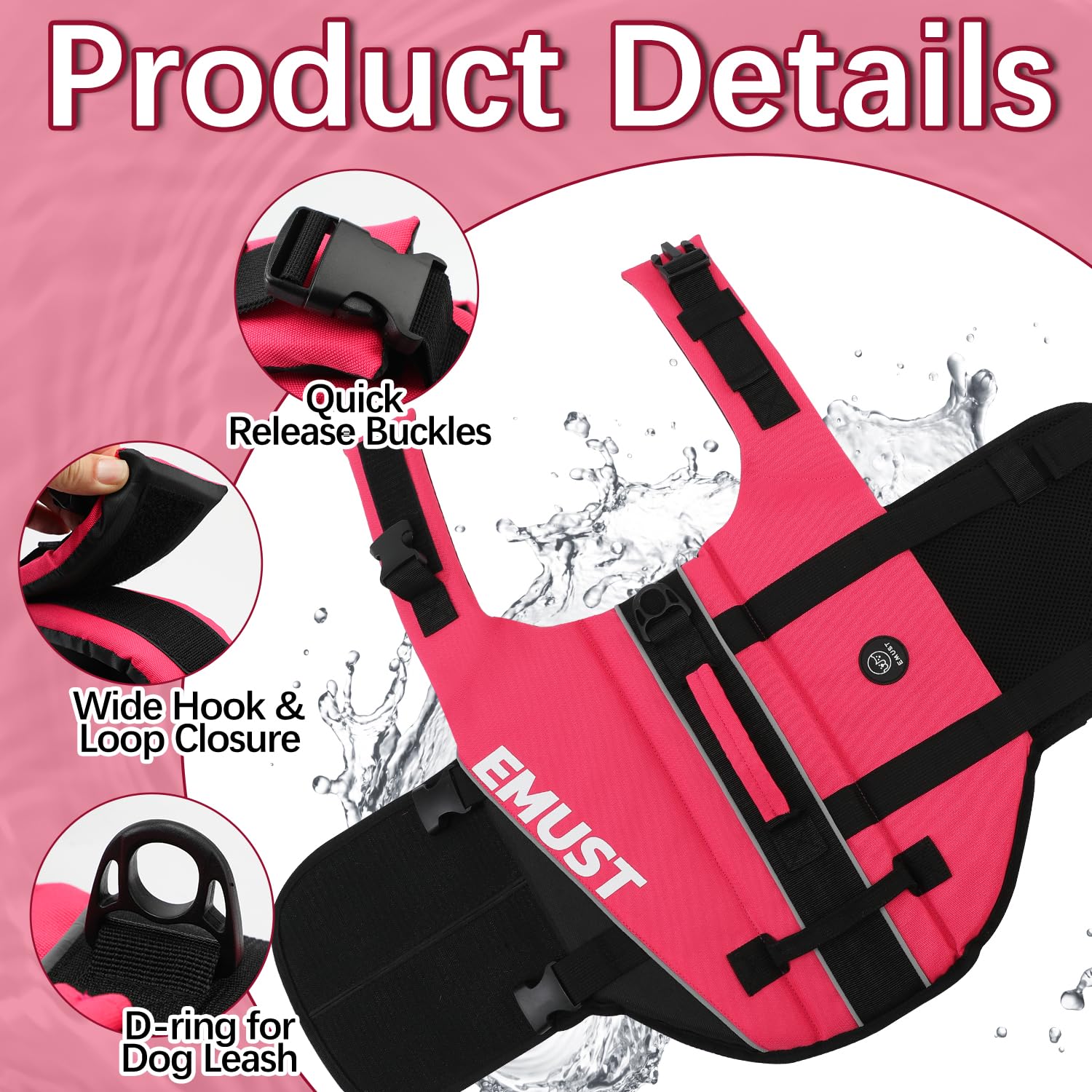 Emust Dog Life Vests, Adjustable Pet Life Jacket With Rescue Handle, Dog Flotation Vest For Small/Medium/Large Dogs, Xs, Rosepin