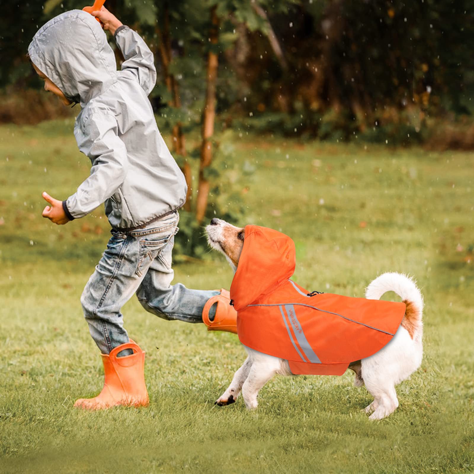 Vivaglory Dog Raincoat For Medium Dogs, Easy On & Off Pet Rain Clothes With Storage Bag, Reflective Lightweight Breathable Dogs Safety Vest Jackets For Adventures, Walking, Hunting, Orange