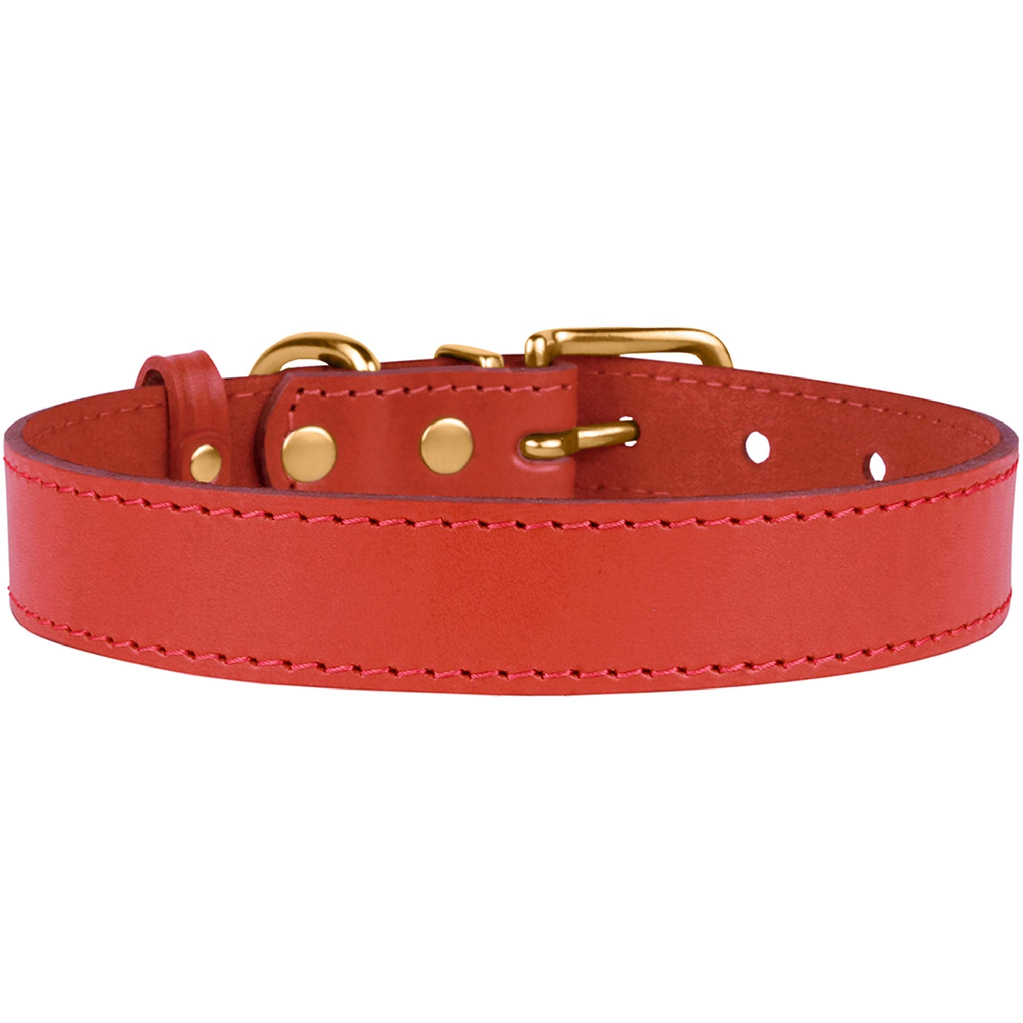 Bronzedog Leather Dog Collar With Metal Buckle Durable Basic Pet Collars For Small Medium Large Dogs (19-21 Inch (Pack Of 1), Red & Gold Buckle)