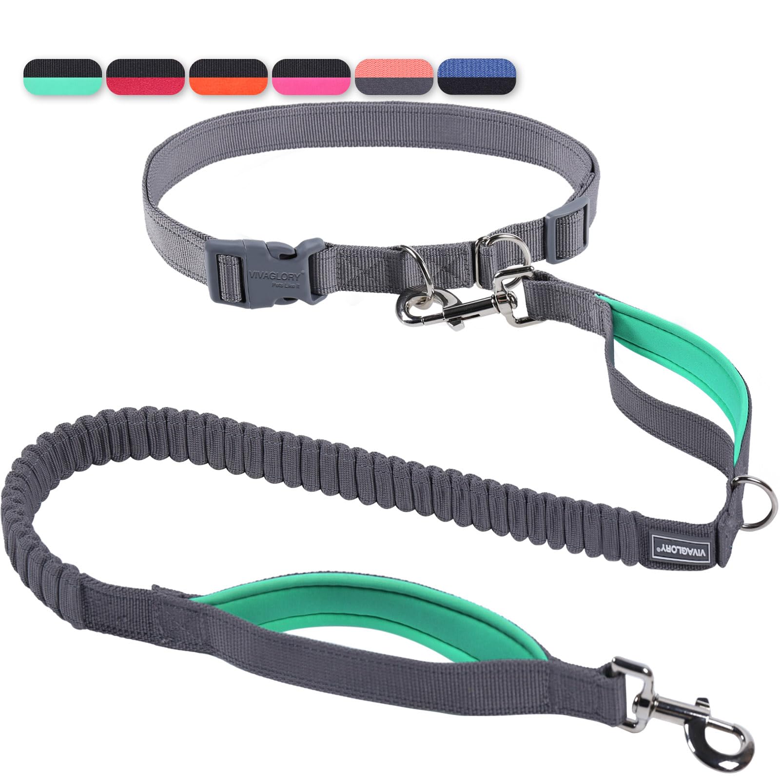 Vivaglory Hands Free Dog Leash With Shock-Absorbing Bungee For Medium & Large Dogs, Reflective Adjustable Waist Leash With Dual Padded Handle For Walking, Jogging, Running, Hiking, Grey-Turquoise