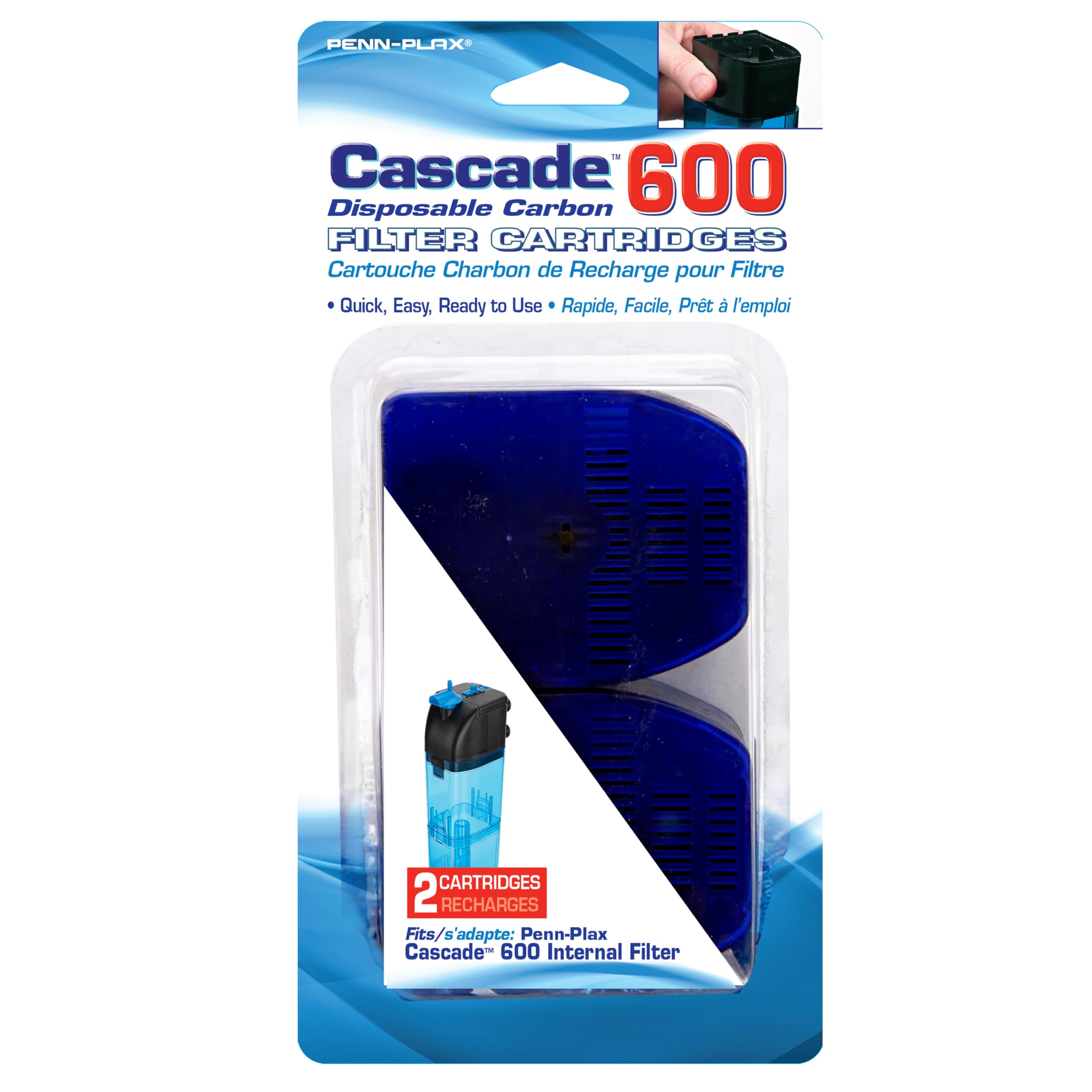 Penn-Plax Cascade 600 Filter Replacement Carbon Cartridges (2 Pack) - Provides Chemical Filtration For Freshwater And Saltwater Aquariums