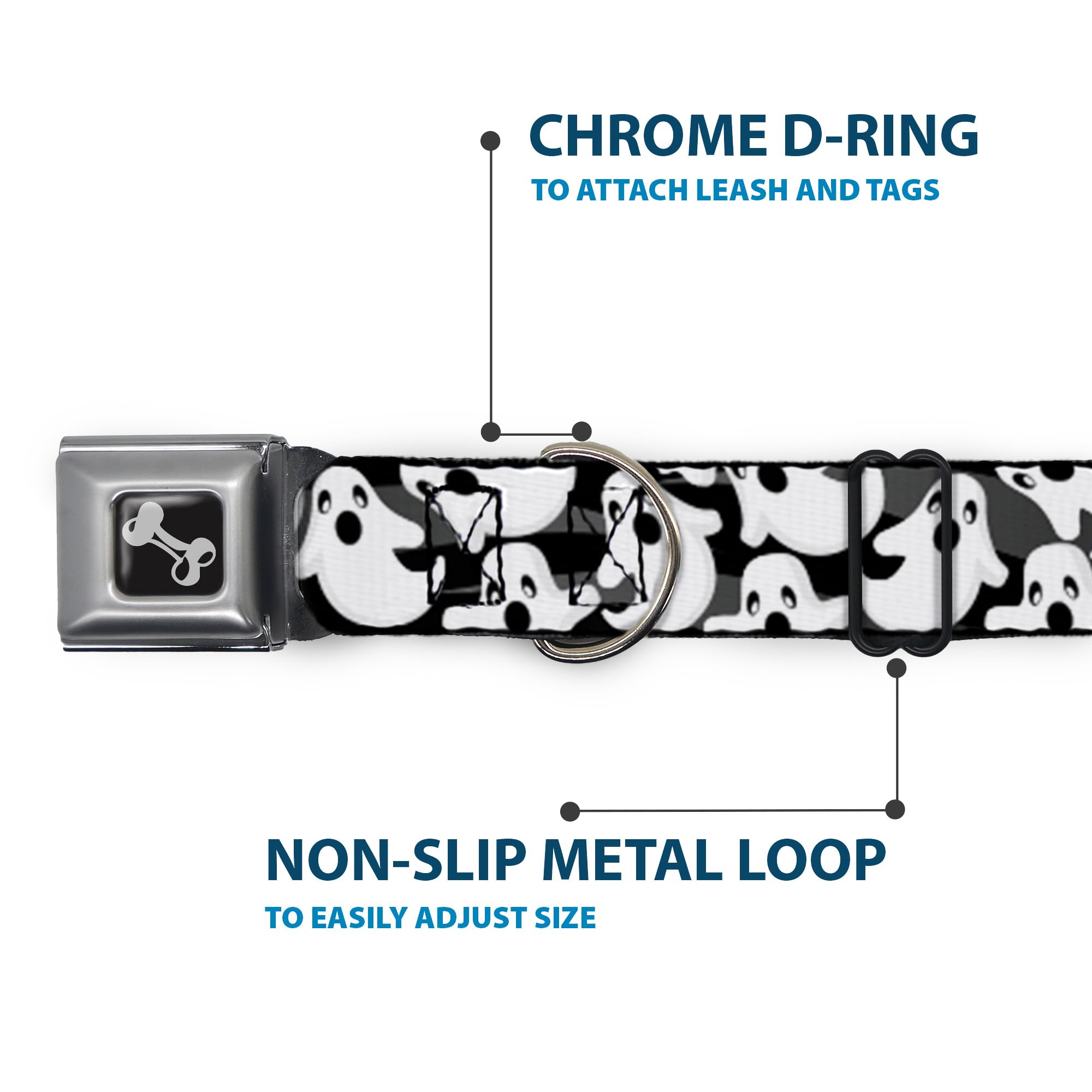 Buckle-Down Dog Collar Seatbelt Buckle Ghosts Scattered Black White 15 To 26 Inches 1.0 Inch Wide, Multicolor (Dc-W30785-L)