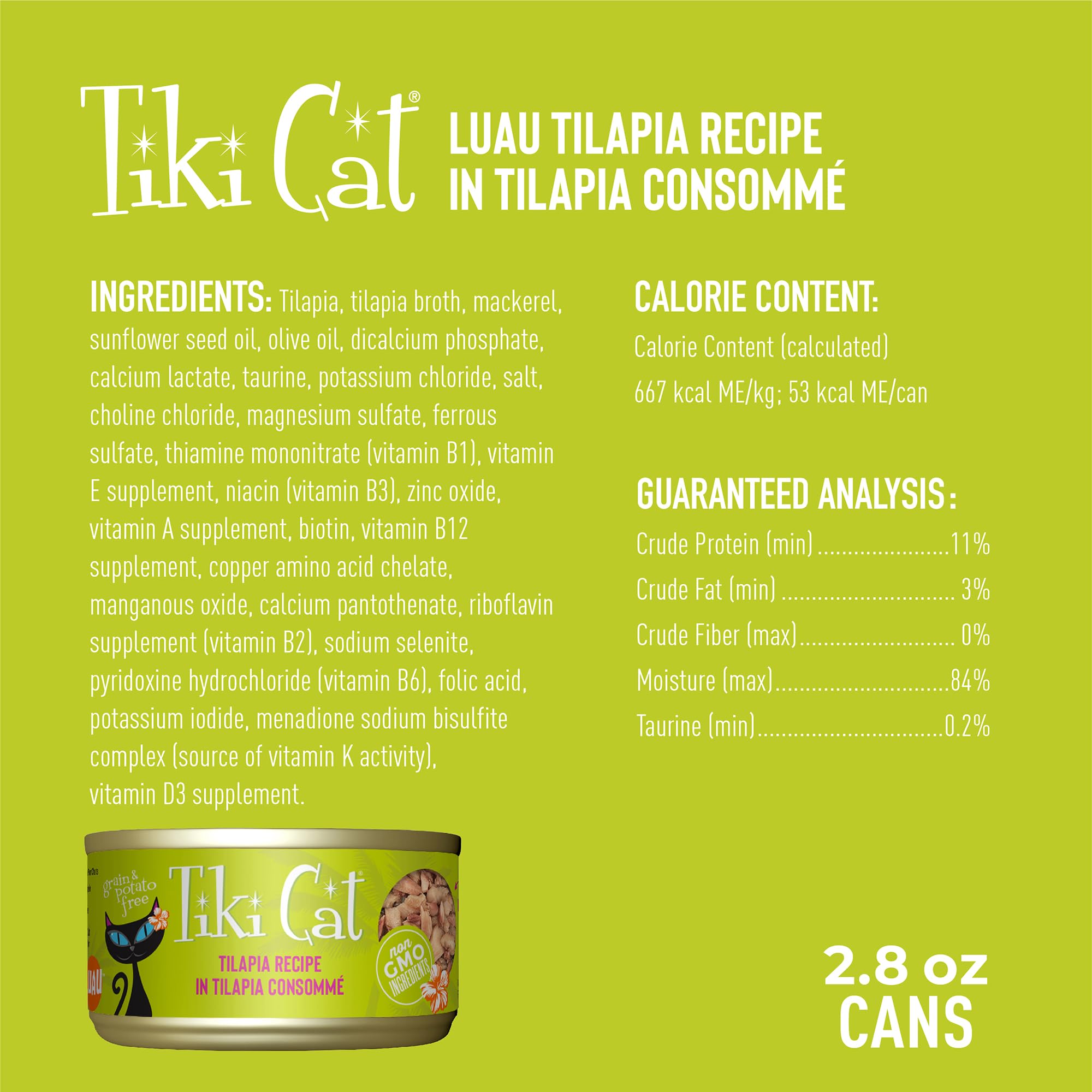 Tiki Cat Luau Shredded Meat, Tilapia Recipe in Tilapia Consumme, Grain-Free Balanced Nutrition Wet Canned Cat Food, For All Life