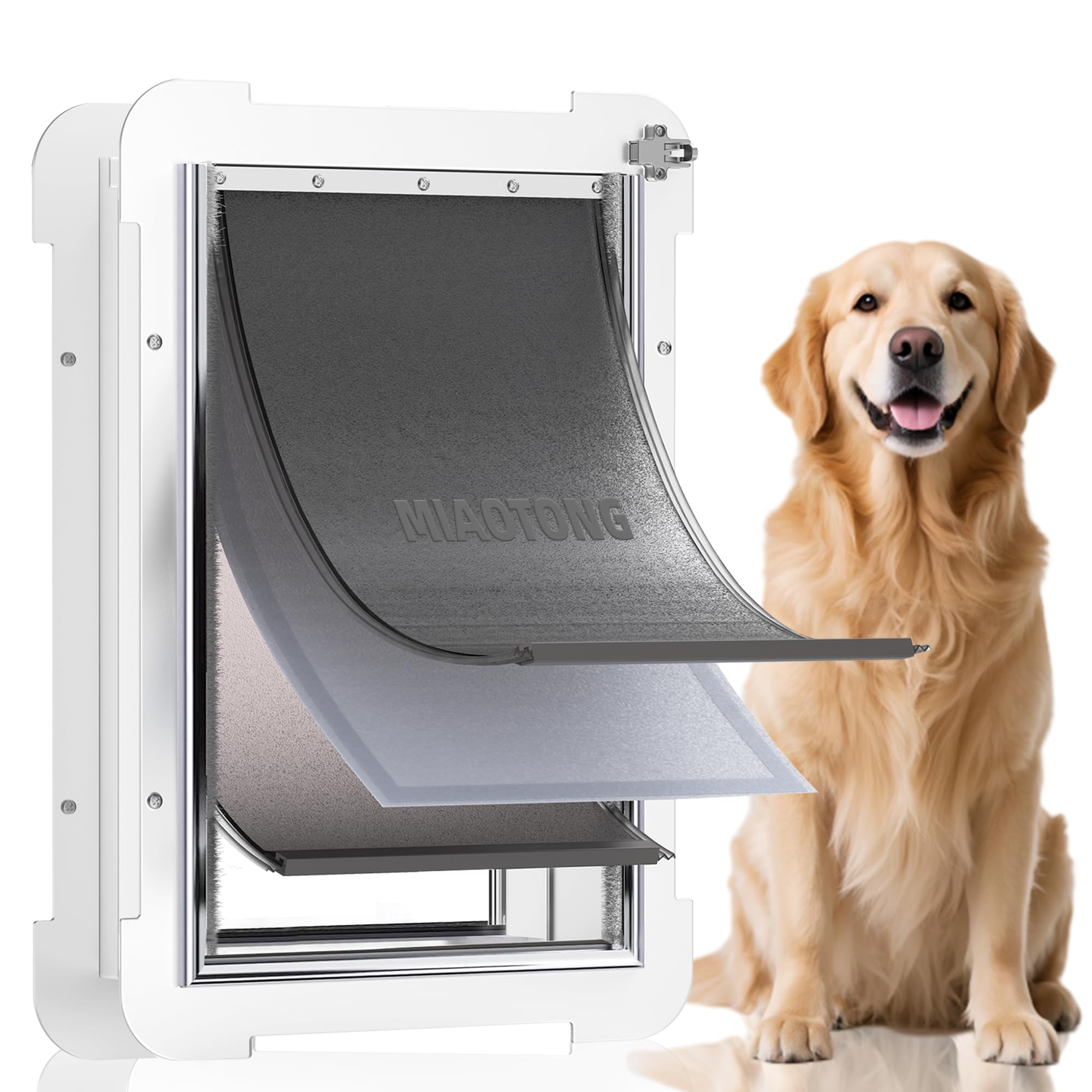3-Flap Steel Large Dog Door For Exterior Doors With Sliding Lock Panel, Energy-Efficient Insulated Pet Door, Extreme Weather Dog