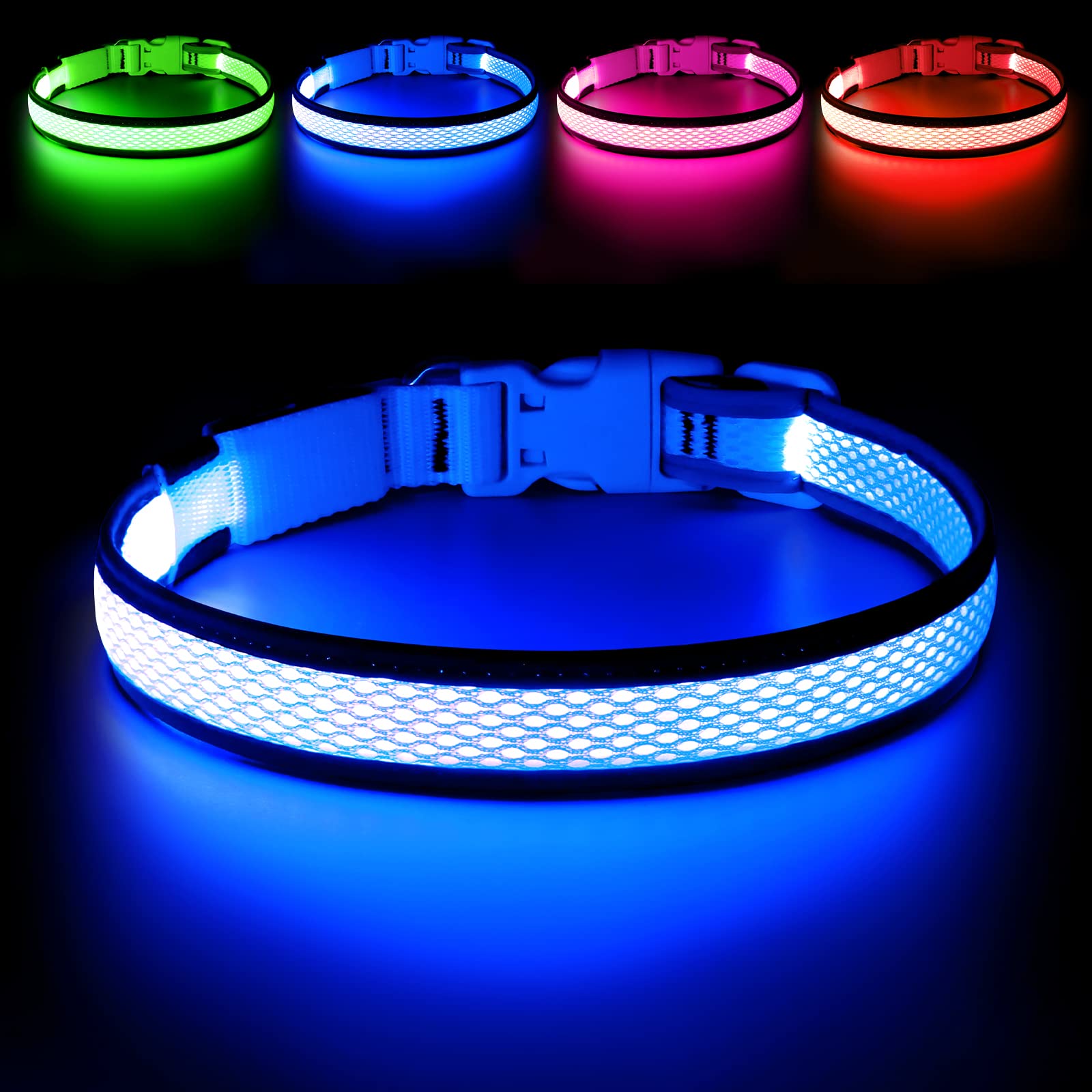 Flashseen Led Dog Collar,Usb Rechargeable Light Up Dog Collar Lights,Adjustable Comfortable Soft Mesh Safety Dog Collar For Small,Medium,Large Dogs(Small, Royal Blue)