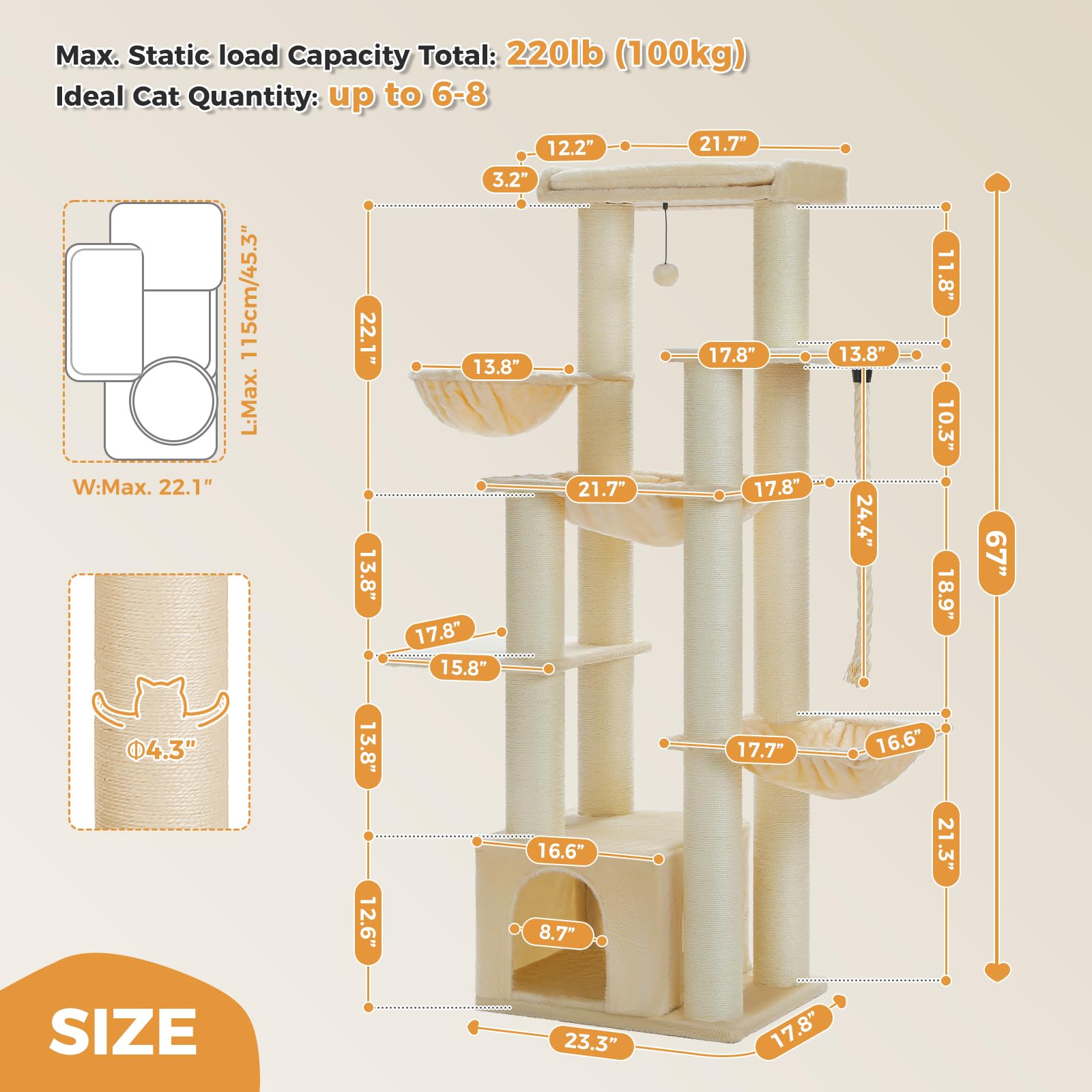 UYMI 67 Heavy-Duty Cat Tree for Indoor Cats Large Adult, XXL Cat Tower with 13 Thick Scratching Posts (f4.3), Super Large Perch,