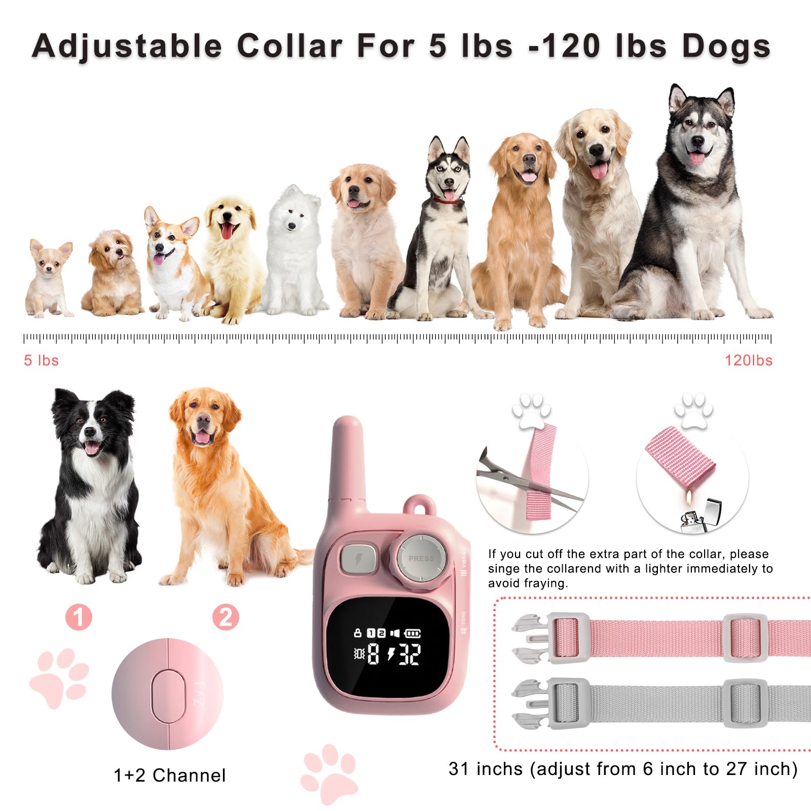 Pikabiu Dog Training Collars Rechargeable Cat Shock Collars For 1800 Ft Control Remote, For 5-120 Lbs Small Medium Large Breed D