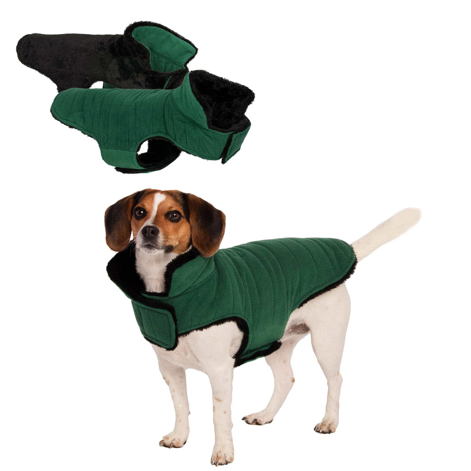 Furhaven Reversible Small Dog Coat, Washable & Insulating W/ Leash Access - Faux Fur & Quilted Fleece Flex-Fit Jacket - Black/Green, Small