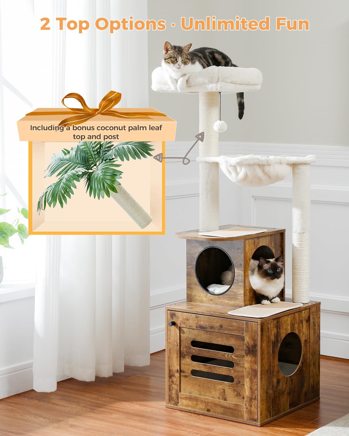 MUTTROS Cat Tree with Litter Box Enclosure 55.5 Modern Cat Tree Tower with Top Bed and Green Leaves, Wood Cat Furniture Hidden L