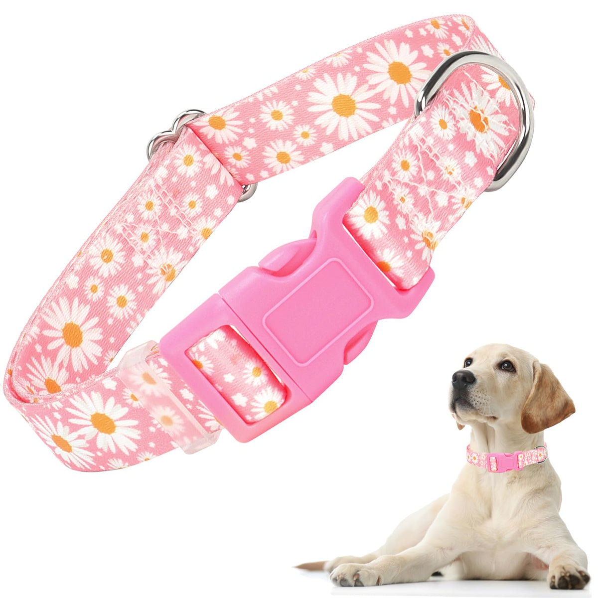 Girl Dog Collars With Daisy Patterns, Cute Pink Dog Collar For Puppy, Adjustable Soft Durable Pet Collars For Xs Small Medium La