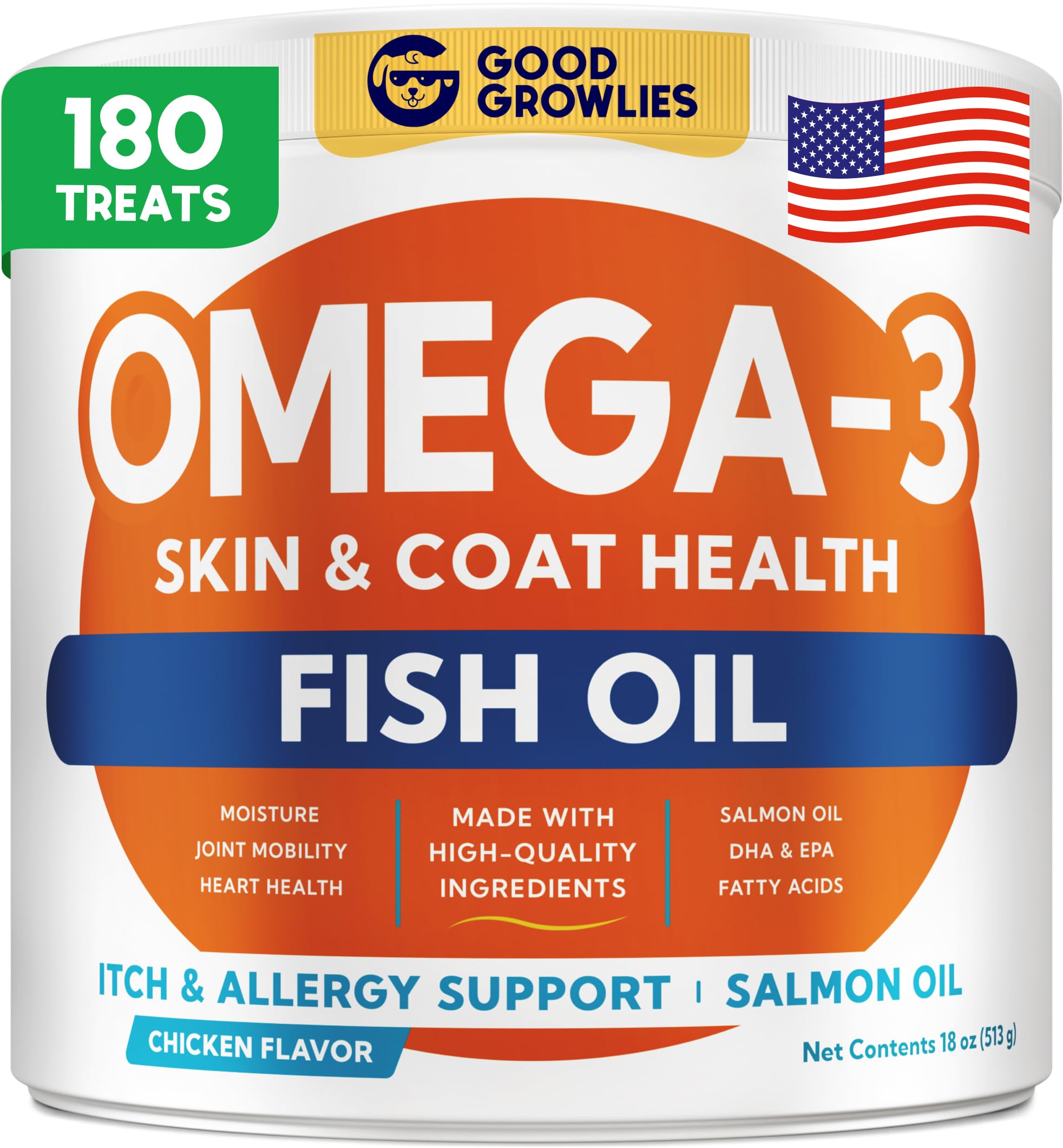 Omega 3 Fish Oil for Dogs (180 Ct) - Skin & Coat Chews - Dry & Itchy Skin Relief + Allergy Support - Shiny Coats - EPA&DHA Fatty
