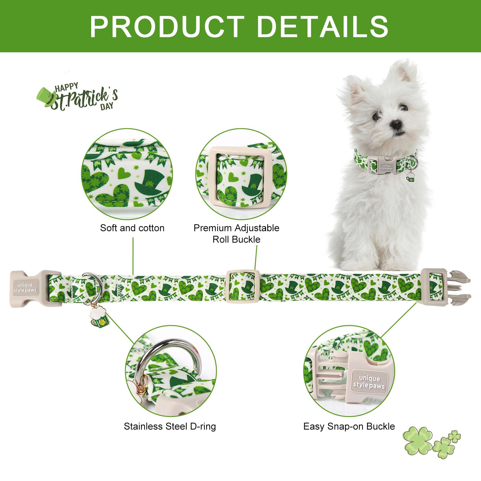 Unique Style Paws St. Patrick'S Day Dog Collar Plastic Buckle Collar With Pendant Green Lucky Magic Hat Gift For Small Medium La