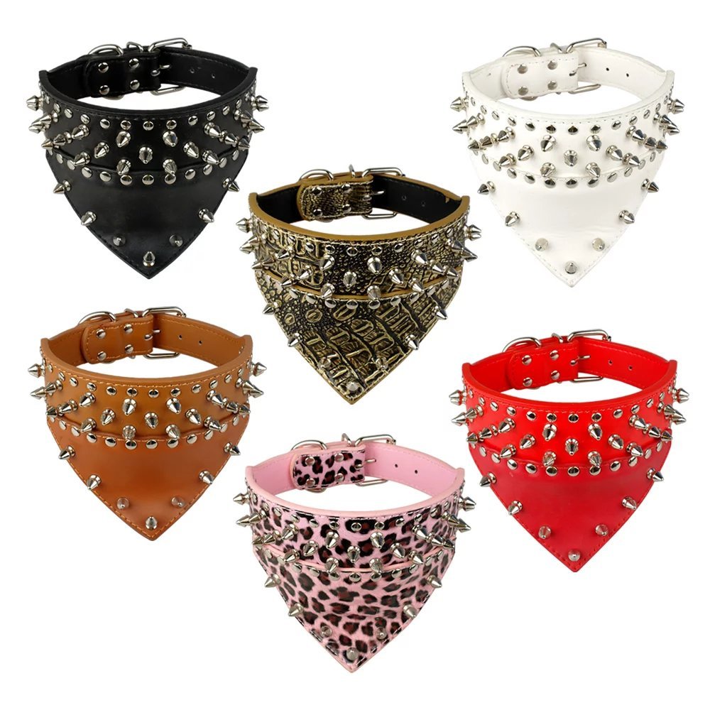 Didog 2'' Width Bandana Style Scarf Leather Dog Collar, Spiked Studded Fit Dalmatian Pit Bull Terrier,Red M Size