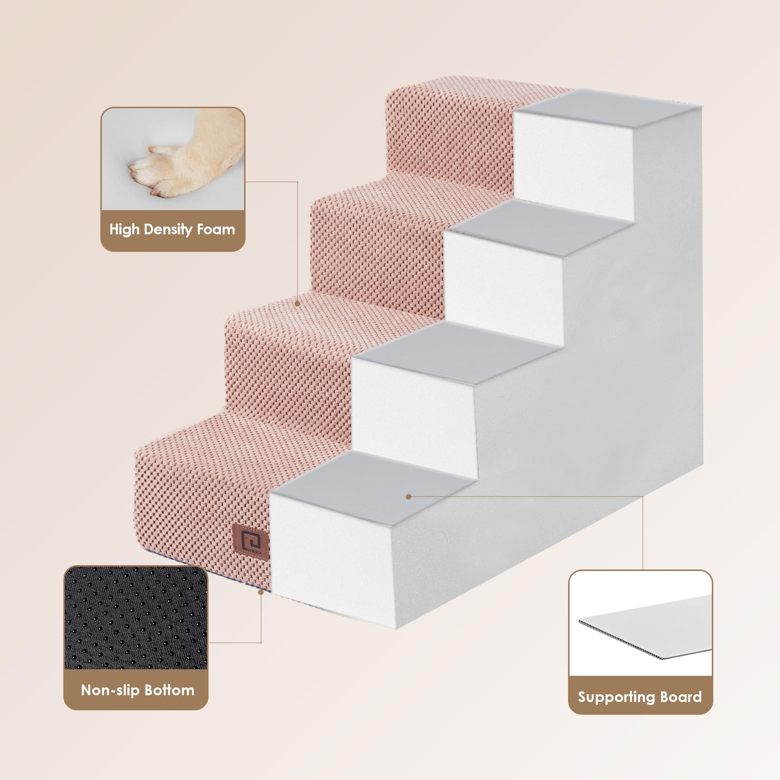 Eheyciga Dog Stairs For Bed 18”H, 4-Step Dog Steps For High Bed, Pet Steps For Small Dogs And Cats, Non-Slip Balanced Dog Indoor Ramp, Pink