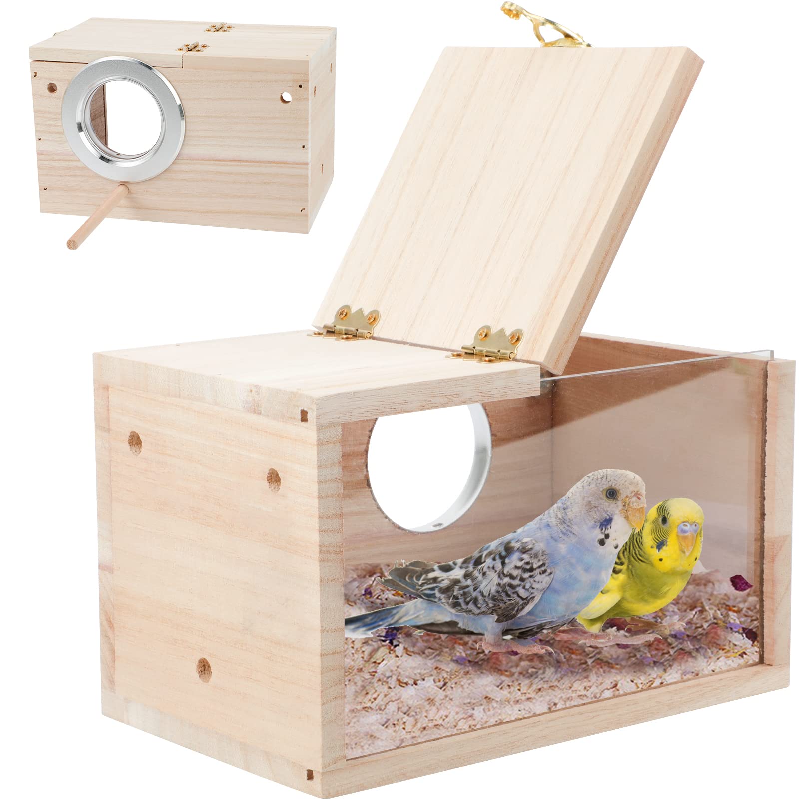 GINDOOR Parakeet Nesting Box Transparent Bird House for Cage Natural Wood Breeding Box for Parrot Parakeet Cockatiel Lovebirds B