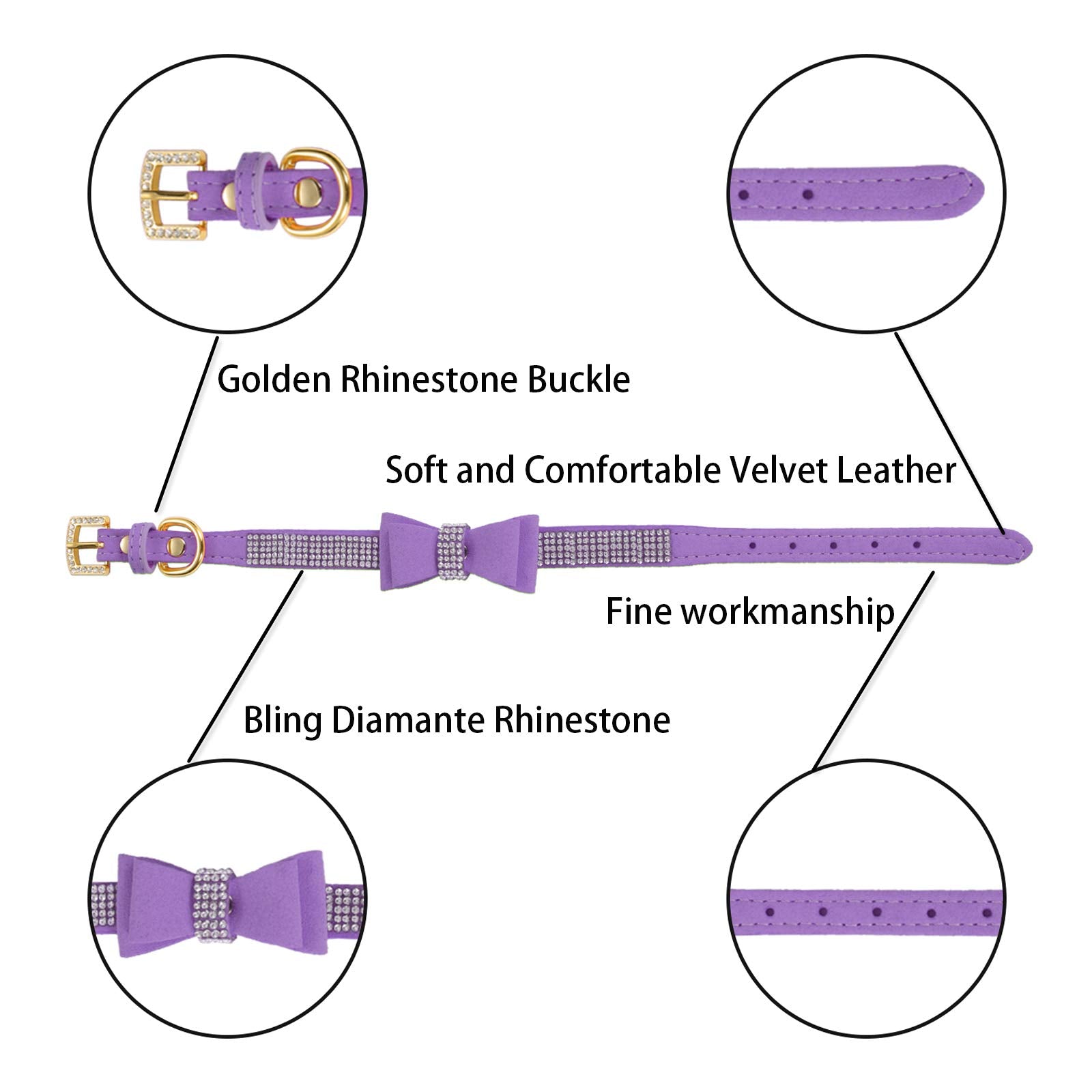 Lovpe Crystal Dog Collar/Cat Collar Velvet Leather With Bow-Knot Tie Rhinestone Puppy/Kitten Collars For Small Dogs & Cats (S(Neck For:10-13 Inch), Purple)