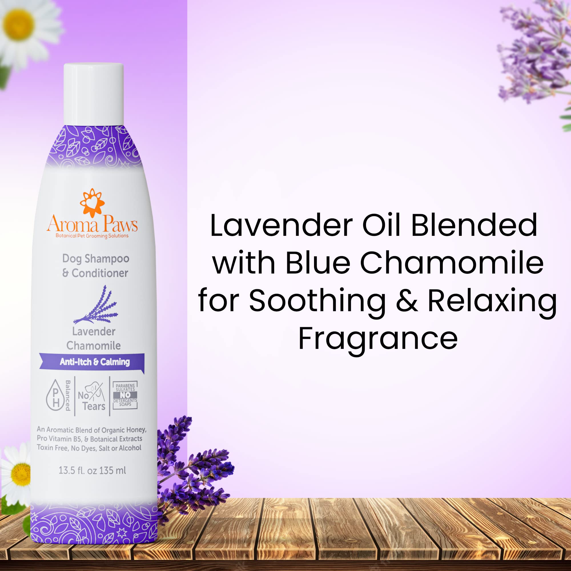 Aroma Paws Dog Shampoo And Conditioner - Aromatic Tearless Shampoo For Cleansing, Grooming, And Conditioning - Moisturizing Shampoo For Dogs And Puppies - Lavender Chamomile 13.5 Oz