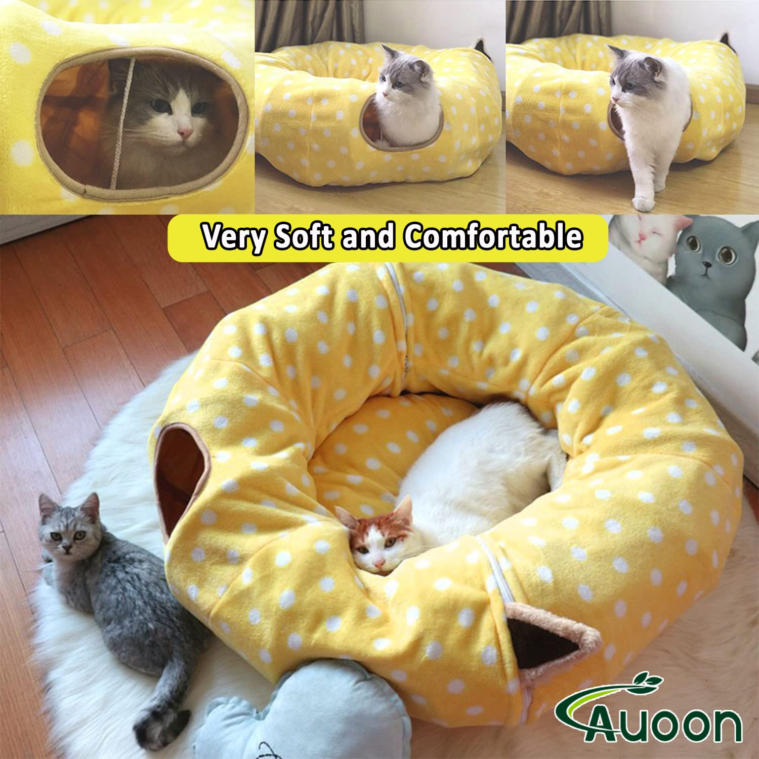 AUOON Cat Tunnel Bed with Central Mat Under Christmas Tree,Big Tube Playground Toys,Full Moon Shape for Kitten,Cat,Puppy,Rabbit,