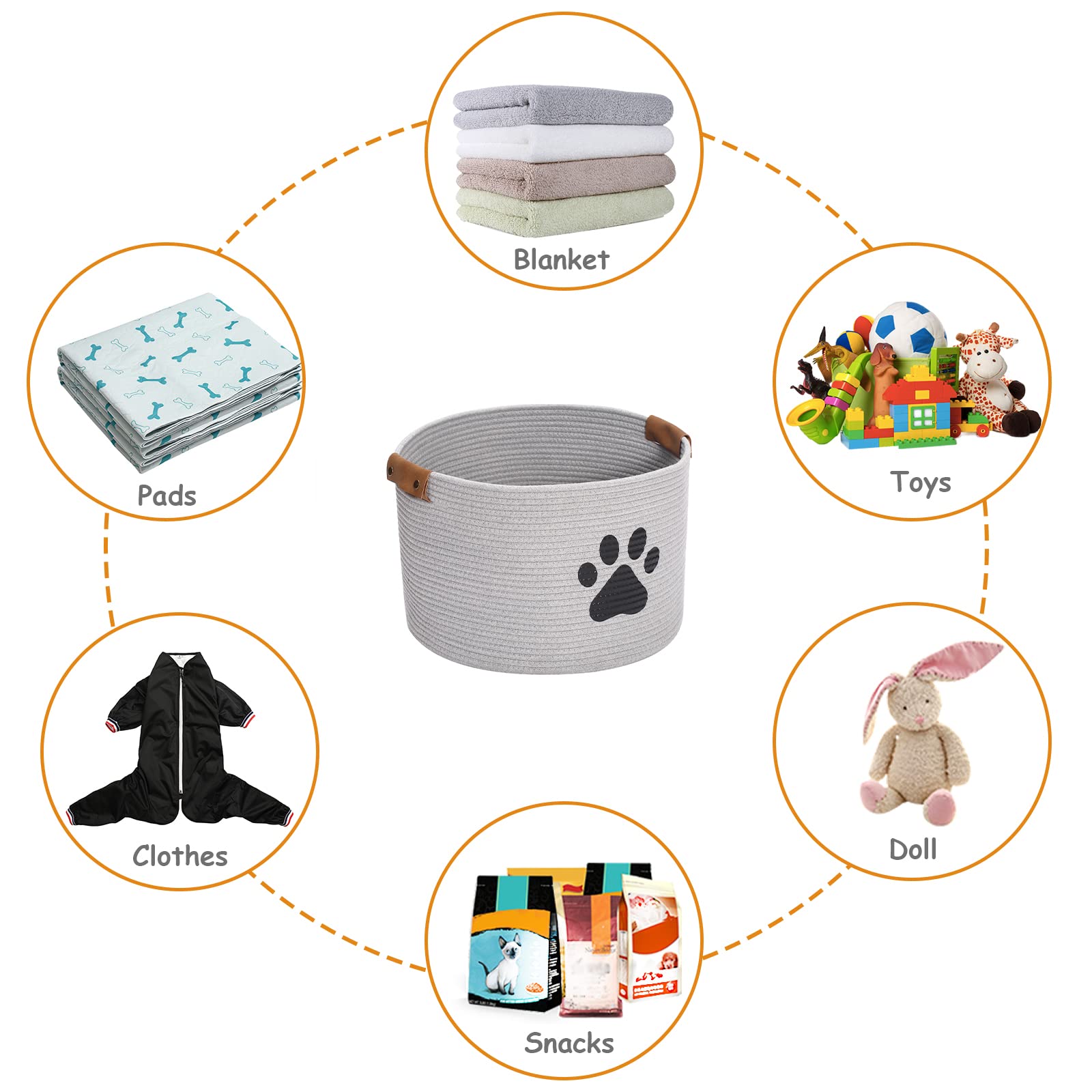 Geyecete Round Dog dog toy basket storage weave Rope Storage Basket Pet/Doy Toy Box Dog Storage Basket-Gray
