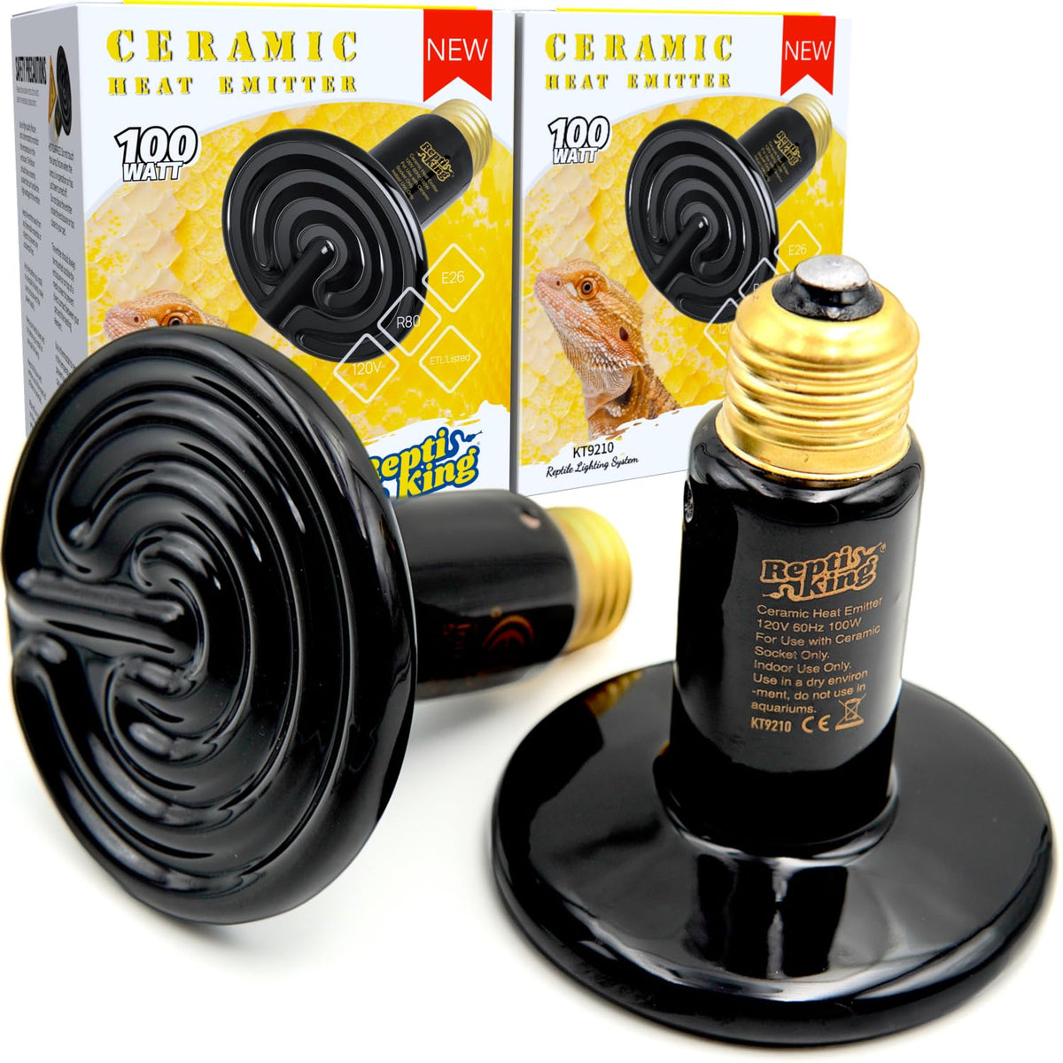 Reptiking Ceramic Heat Emitter, 2-Pack 100W, Reptile Heat Lamp Bulbs, Ceramic Heating Bulb For Reptiles, Amphibian, Chick, Dog, 