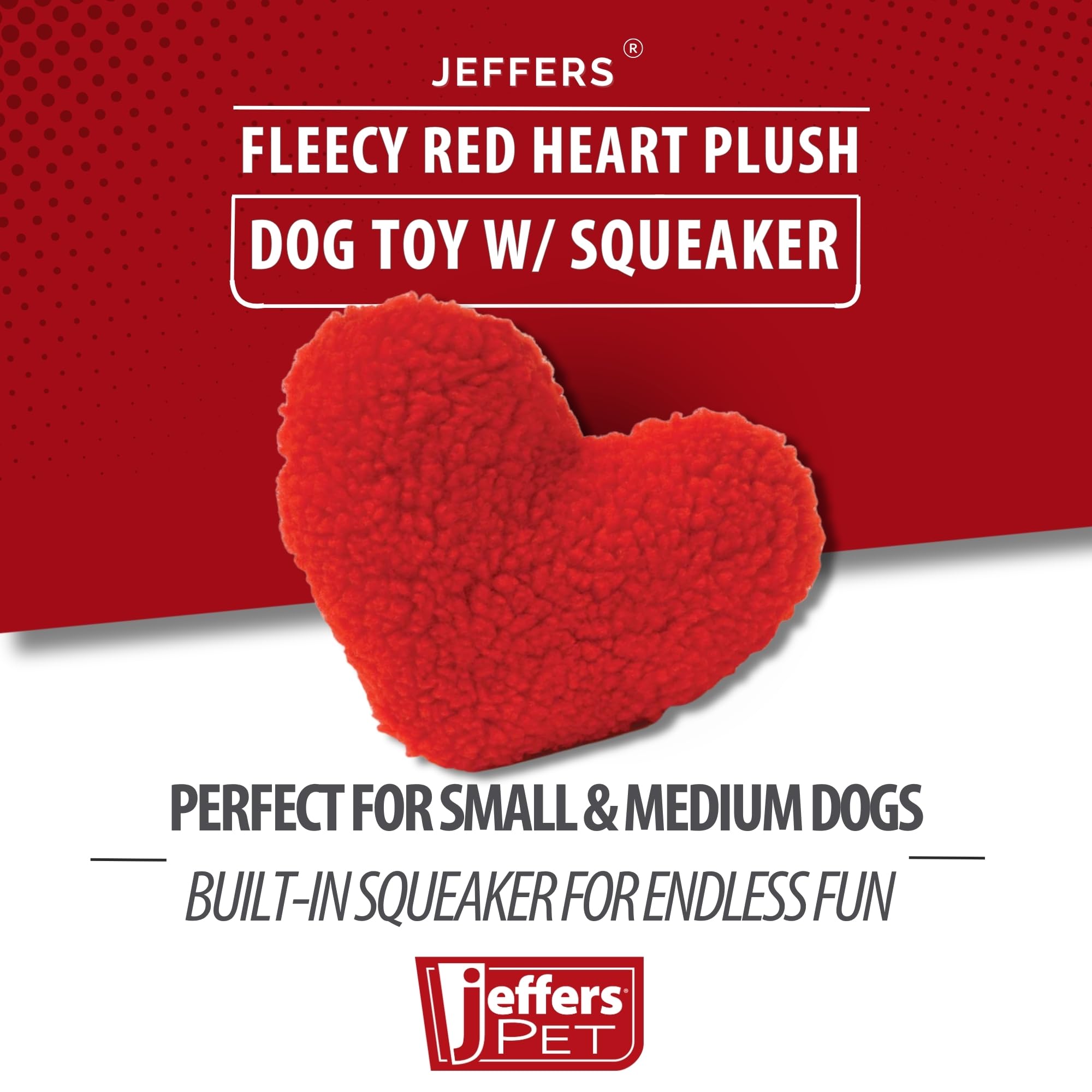 Jeffers Pet Plush Dog Toy With Squeaker, Fleecy Red Heart 6.5'' - Soft Crinkle Fabric, Safe & Durable, Healthy Fun For Small & M