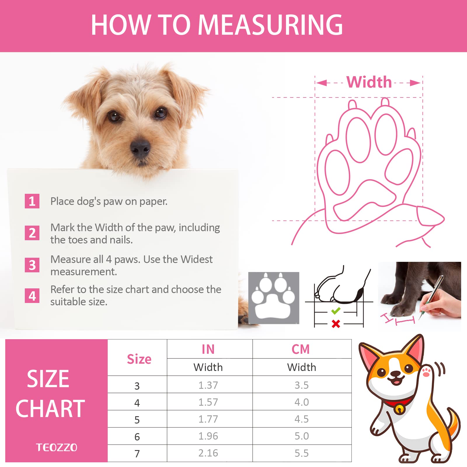 Teozzo Dog Boots & Paw Protector, Anti-Slip Sole Winter Snow Dog Booties With Reflective Straps Dog Shoes For Small Medium Dogs 4Pcs Pink 6