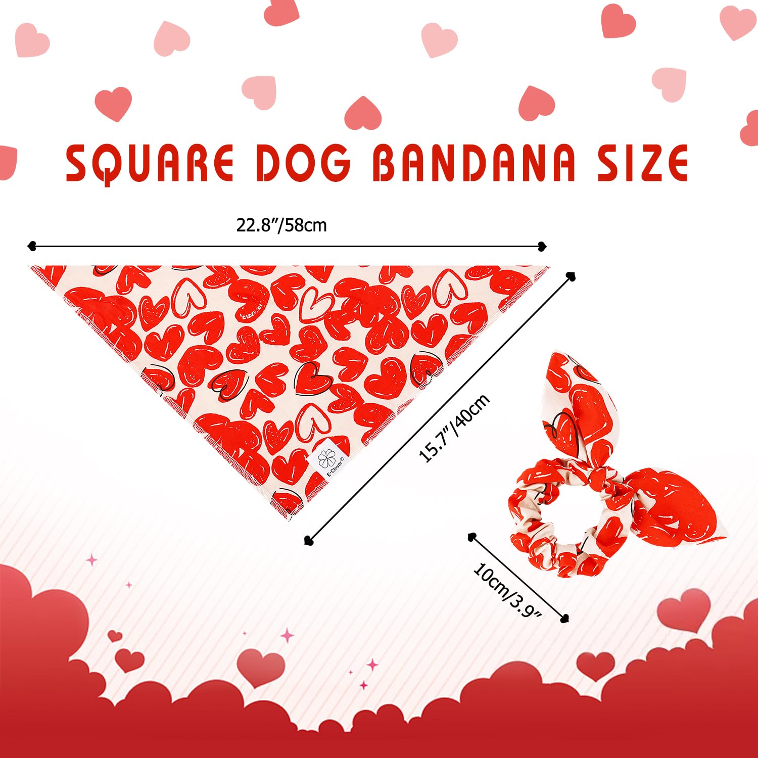 E-Clover Cute Bandana & Matching Scrunchie-Heart Dog Bandanas Red Pet Scarf Bib for Small Dogs Puppy Girl Boy Owner Mothers Day