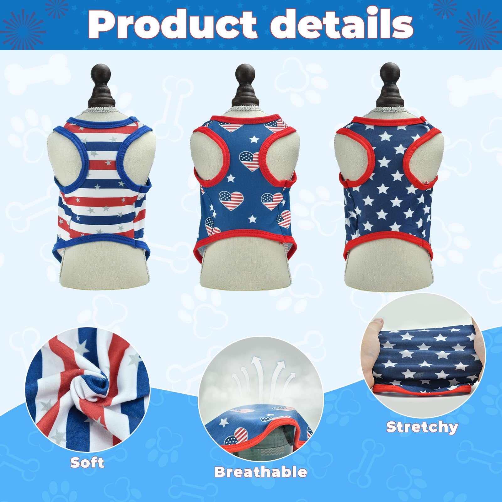 Vehomy 3Pack 4Th Of July Dog Vest American Flag Puppy Sleeveless Shirts Stars & Stripes Pattern Puppy Tank Top Independence Day