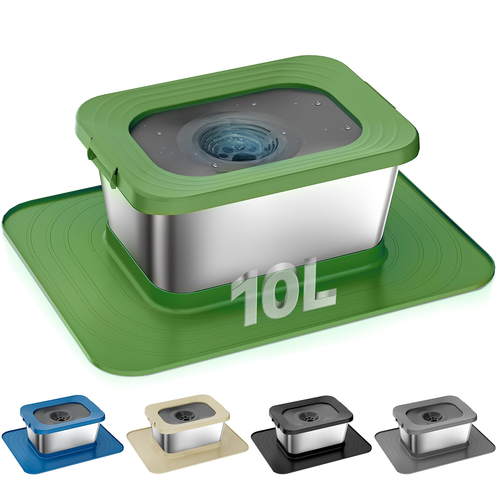 Twinsing 10L No Spill Dog Water Bowl, 2.6 Gal Stainless Steel No Splash Large Dog Water Bowl With Non-Slip Silicone Mat, Spill P