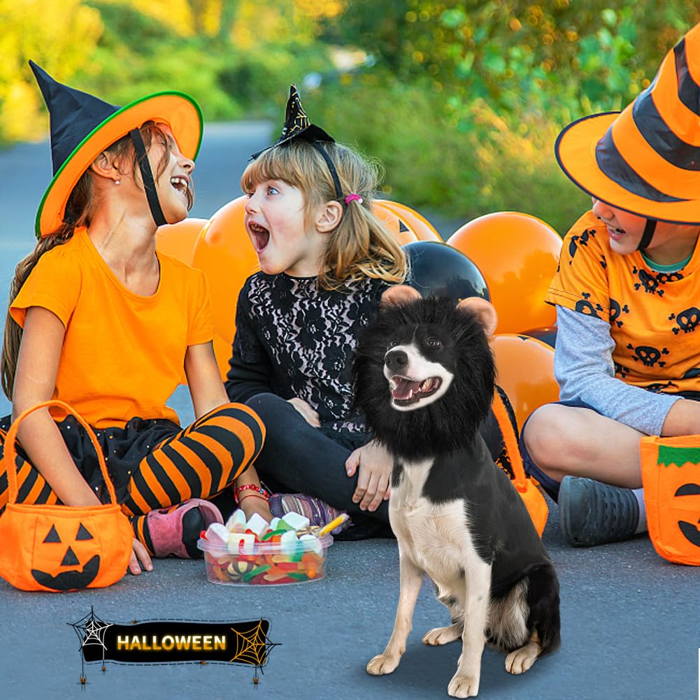 Vivifying Lion Mane Dog Costume, Adjustable Lion Wig With Faux Fur For Medium Dogs, Halloween Pet Accessory Perfect For Parties, Photoshoots, And Role-Playing (Medium, Black)