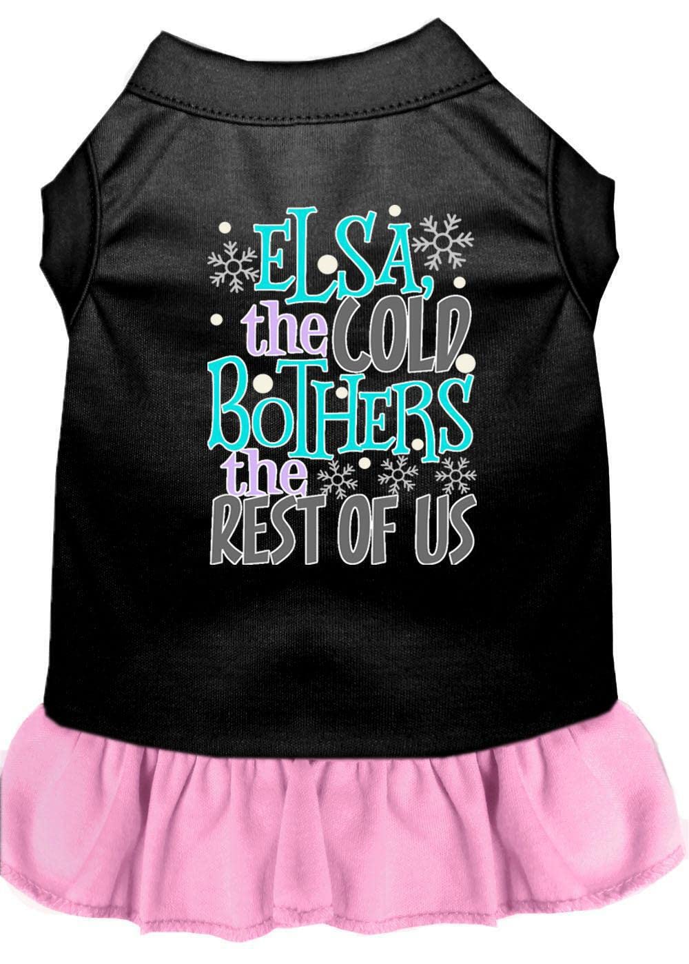 Pet Dog & Cat Dress Screen Printed, "Elsa, The Cold Bothers The Rest Of Us" Black W/Light Pink MD (6-10 lbs.)