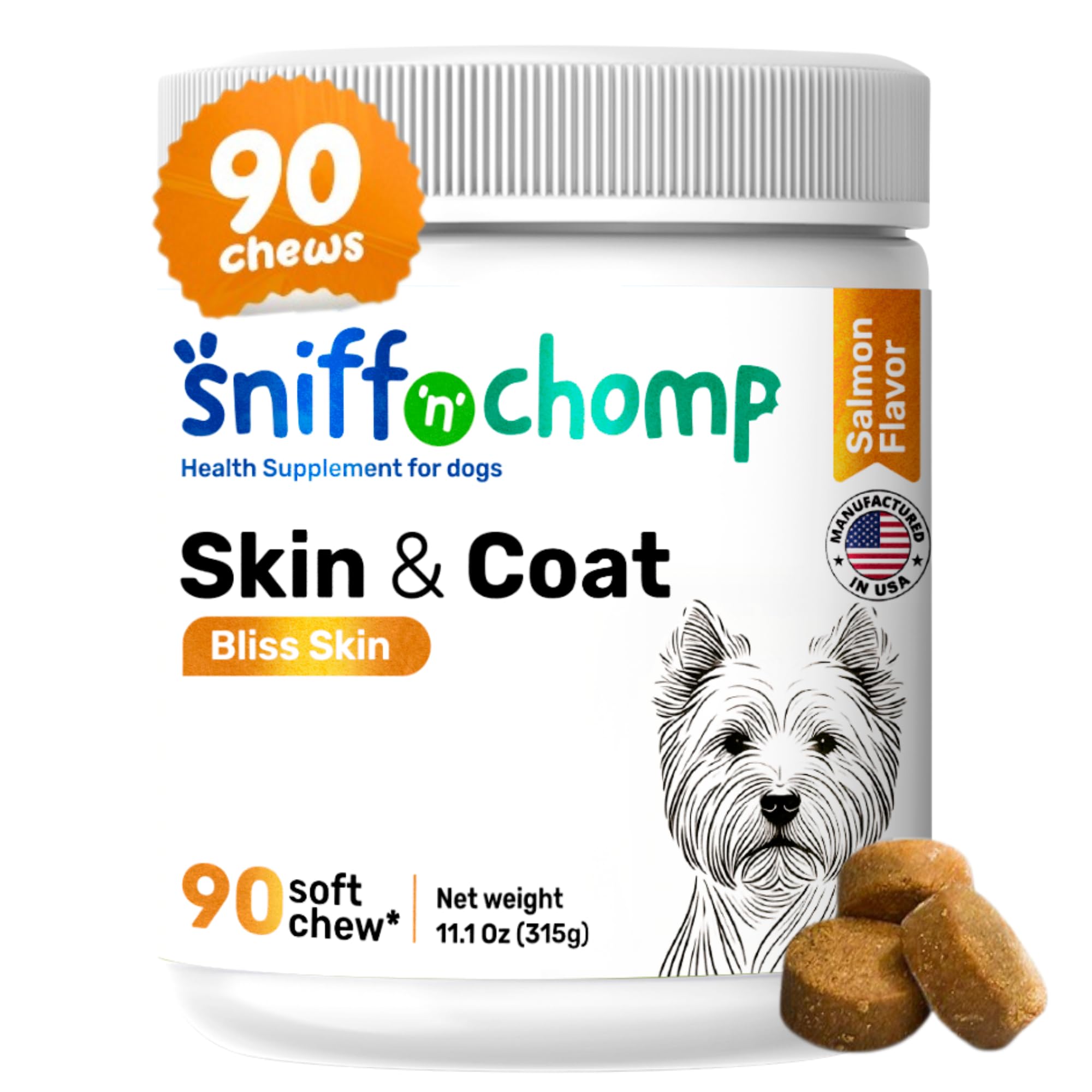 Sniff n Chomp Fish Oil for Dogs, Omega 3, with Wild Salmon Oil, Biotin, and Vitamin C, Fish Oil Dogs for Dog Severe Dry Skin S