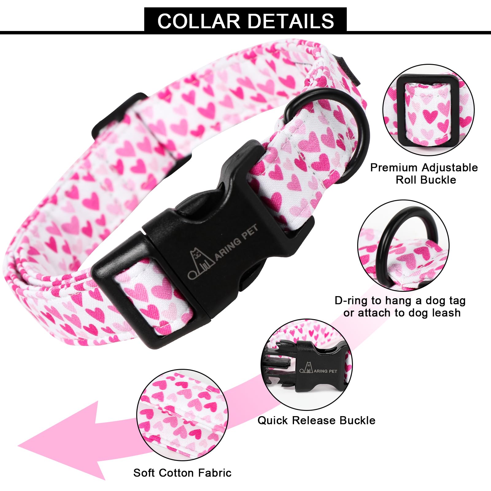 Aring Pet Valentine'S Dog Collar-Cute Cotton Heart Dog Collars, Adjustable Valentine Heart Pet Collars Girl Puppy Collar With Qu