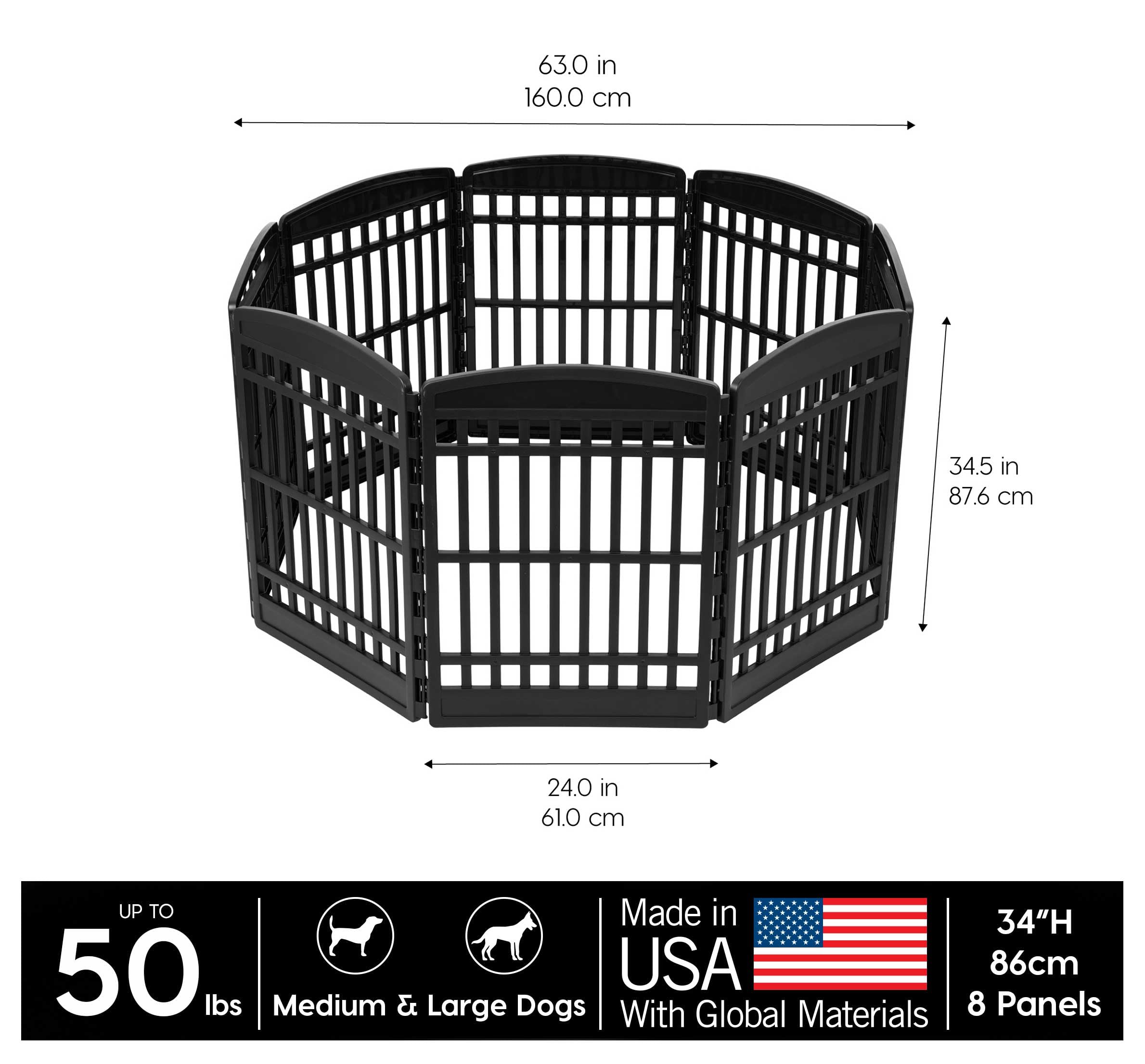 Iris Usa 34' 8-Panel Dog Playpen, 63 X 63 X 35, Puppy Fence, Puppy Playpen, Dog Play Pen Indoors, Pet Fence, Medium Pets, Black