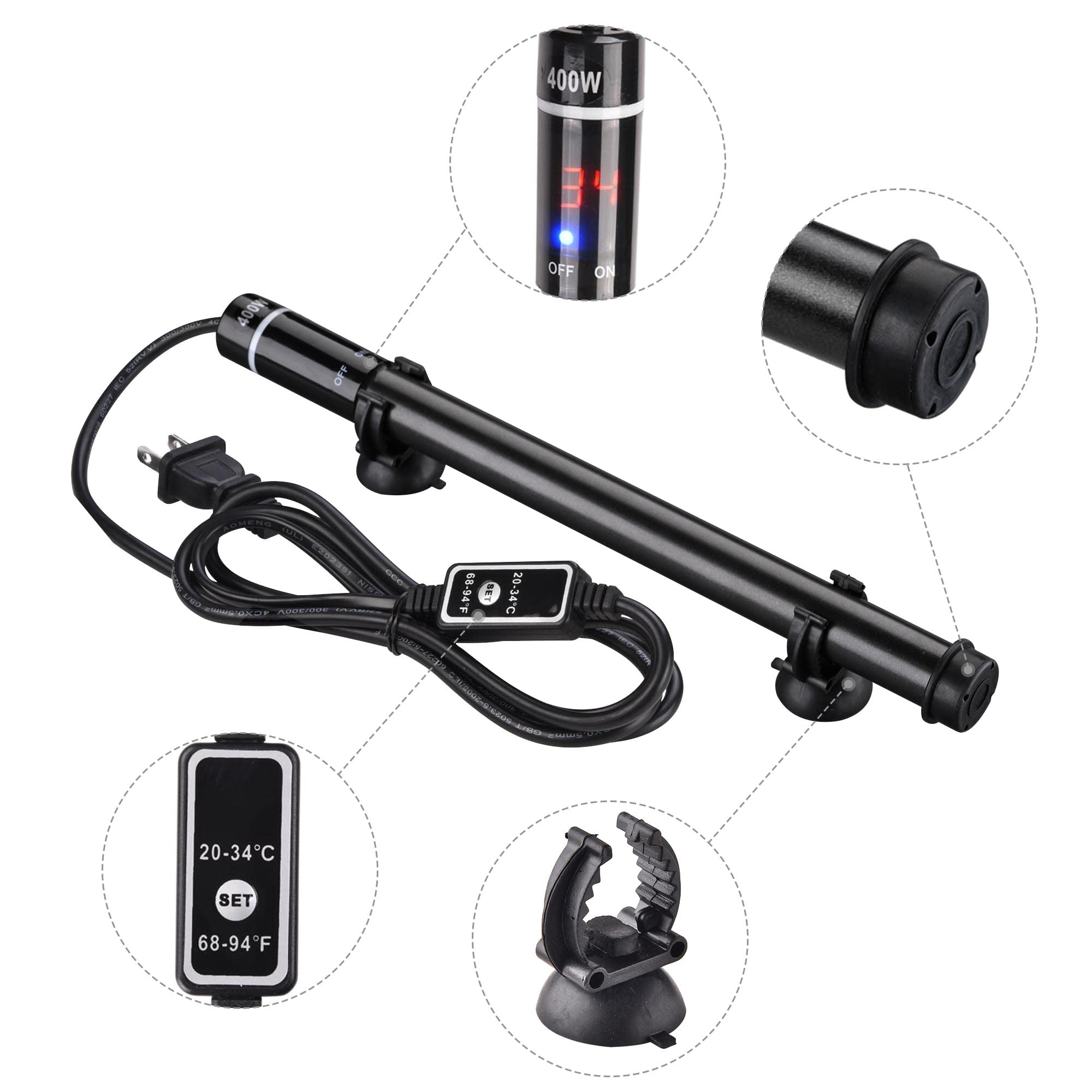 Yescom Aquarium Heater 400W Submersible Fish Tank Heater For 80 Gallon With Intelligent Lcd Temperature Display Saltwater Freshw