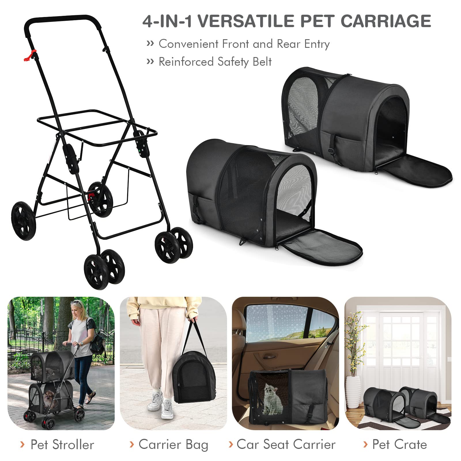 Giantex Double Pet Stroller With 2 Detachable Carrier Bags, Safety Belt, 4 Lockable Wheels Cat Stroller Travel Carrier Strolling Cart, Folding Dog Stroller For Small Medium Dogs Cats Puppy (Black)