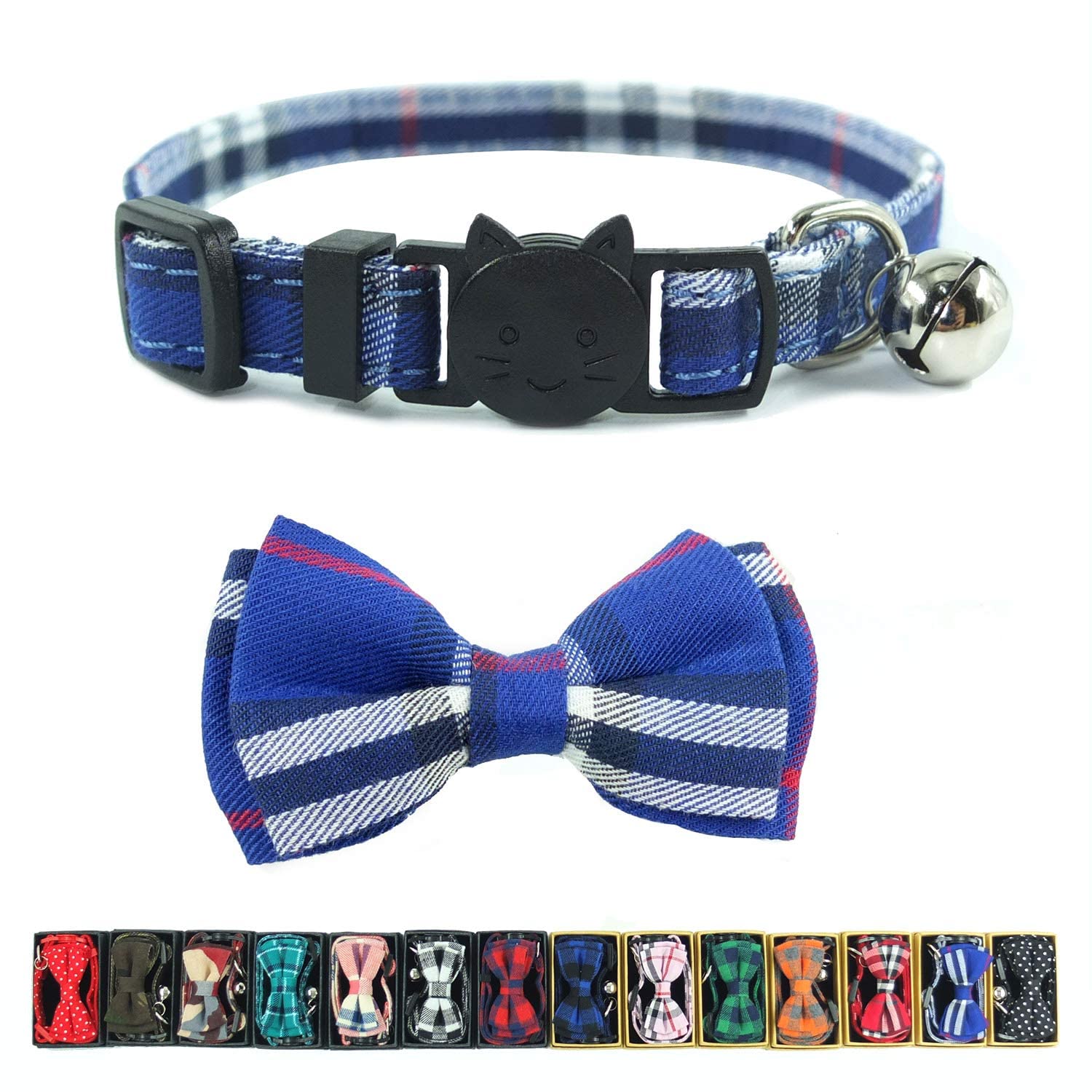 Cat Collar Breakaway With Bell And Bow Tie, Plaid Design Adjustable Safety Kitty Kitten Collars(6.8-10.8In) (Blue Plaid 1)