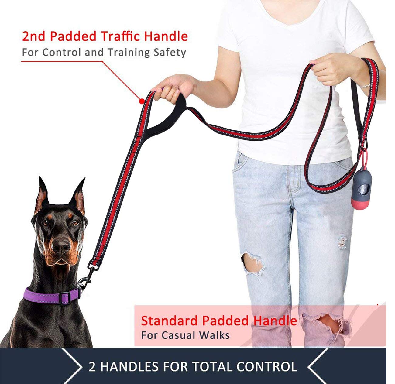 Jsxd 5 Ft Heavy Duty Double Handle Dog Leash With Comfortable Padded And Reflective Rope, Suitable For Small, Medium, Large Dogs