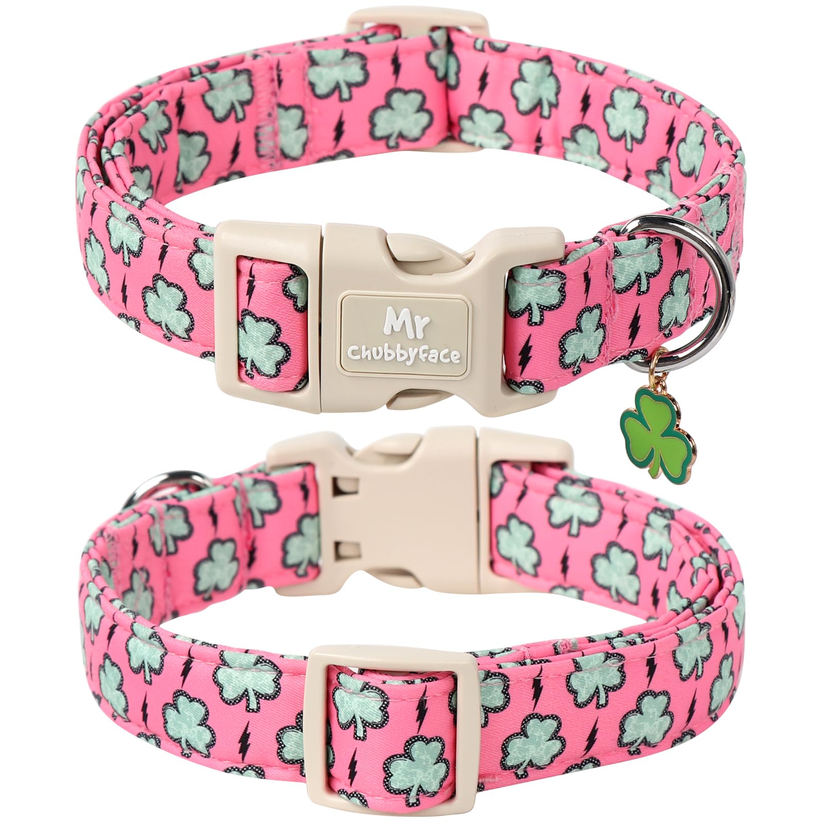 Mr.Chubbyface St. Patrick'S Dog Collar,Pink Clover Shamrock Pet Collar With Quick Release Buckle, Durable Adjustable Spring Coll