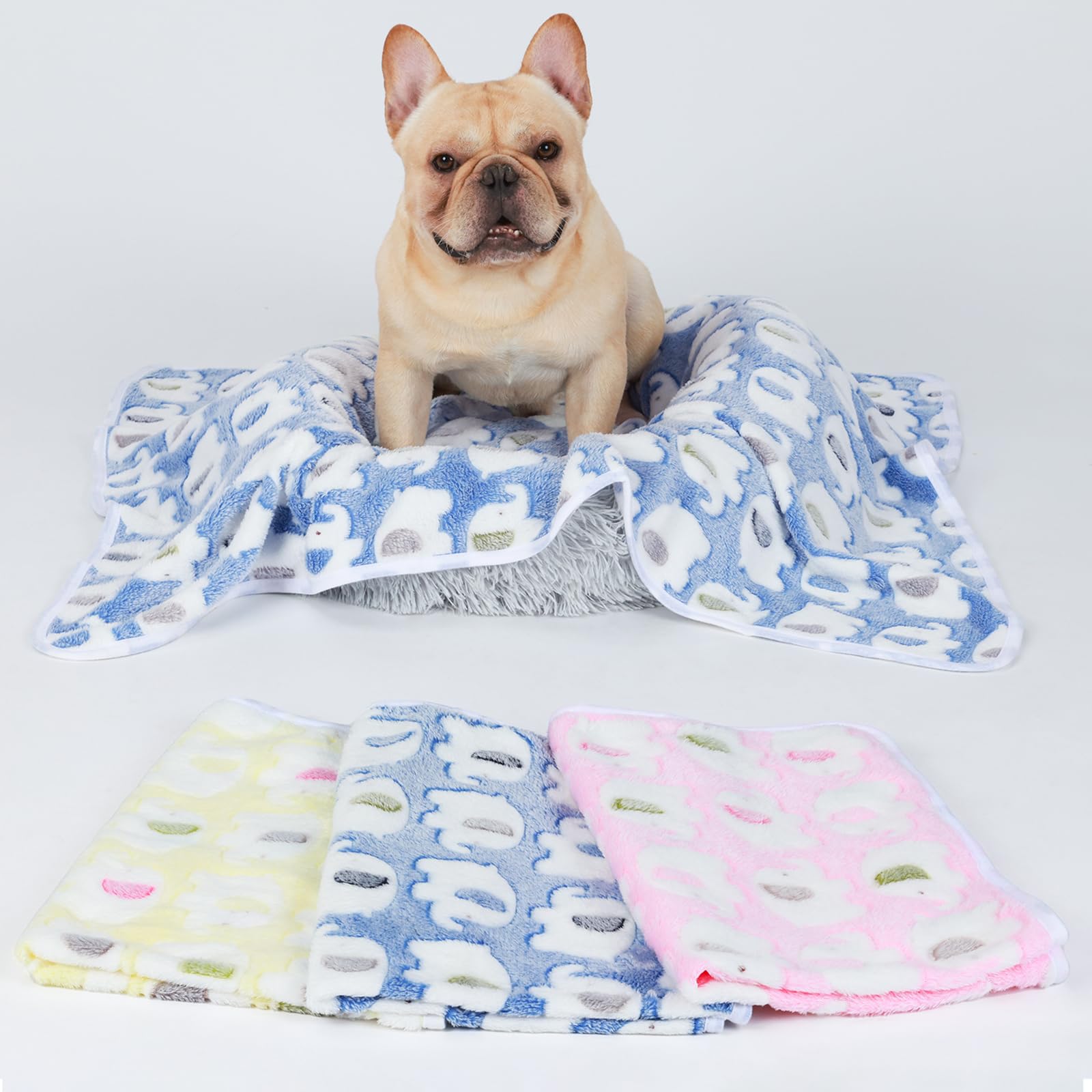 1 Pack 3 Blankets Super Soft Fluffy Premium Cute Elephant Pattern Pet Blanket Flannel Throw For Dog Puppy Cat Blue/Pink/Yellow Small(23X16 Inch)