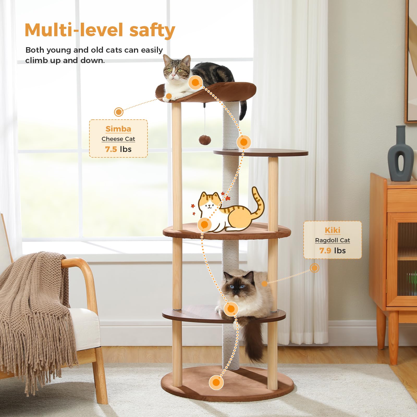 Petepela Wood Cat Tree Tower For Indoor Cats,5-Level Modern Cat Tree Cat Activity Center With Scratching Posts, Brown