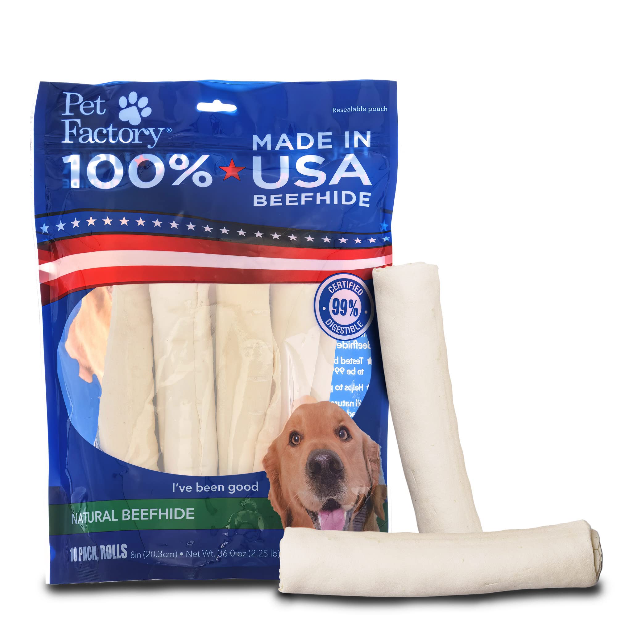 Pet Factory 100% Made in USA Beefhide 8 Rolls Dog Chew Treats - Natural Flavor, 10 Count/1 Pack