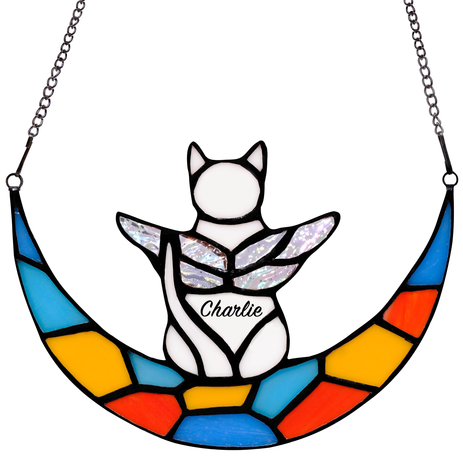 Fufyukey Angel White Cat Memorial Gifts - Stained Glass Window Hanging Decoration, Rainbow Bridge Cats Angel Wings Suncatcher, C