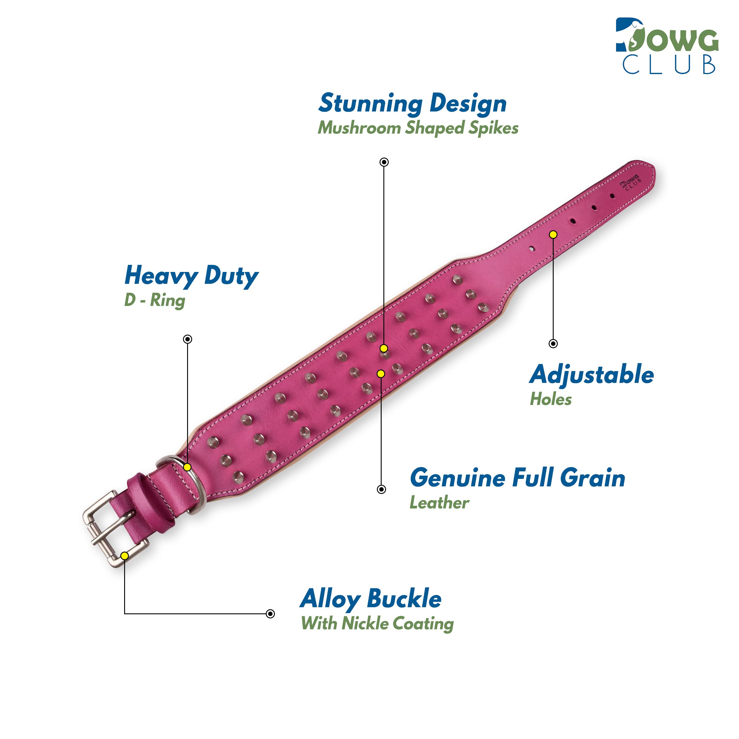 Dowgclub Spiked Leather Dog Collar - 2 Wide Full Grain Bridle Leather, Heavy Duty, Padded & Adjustable - For Large Breeds (L (