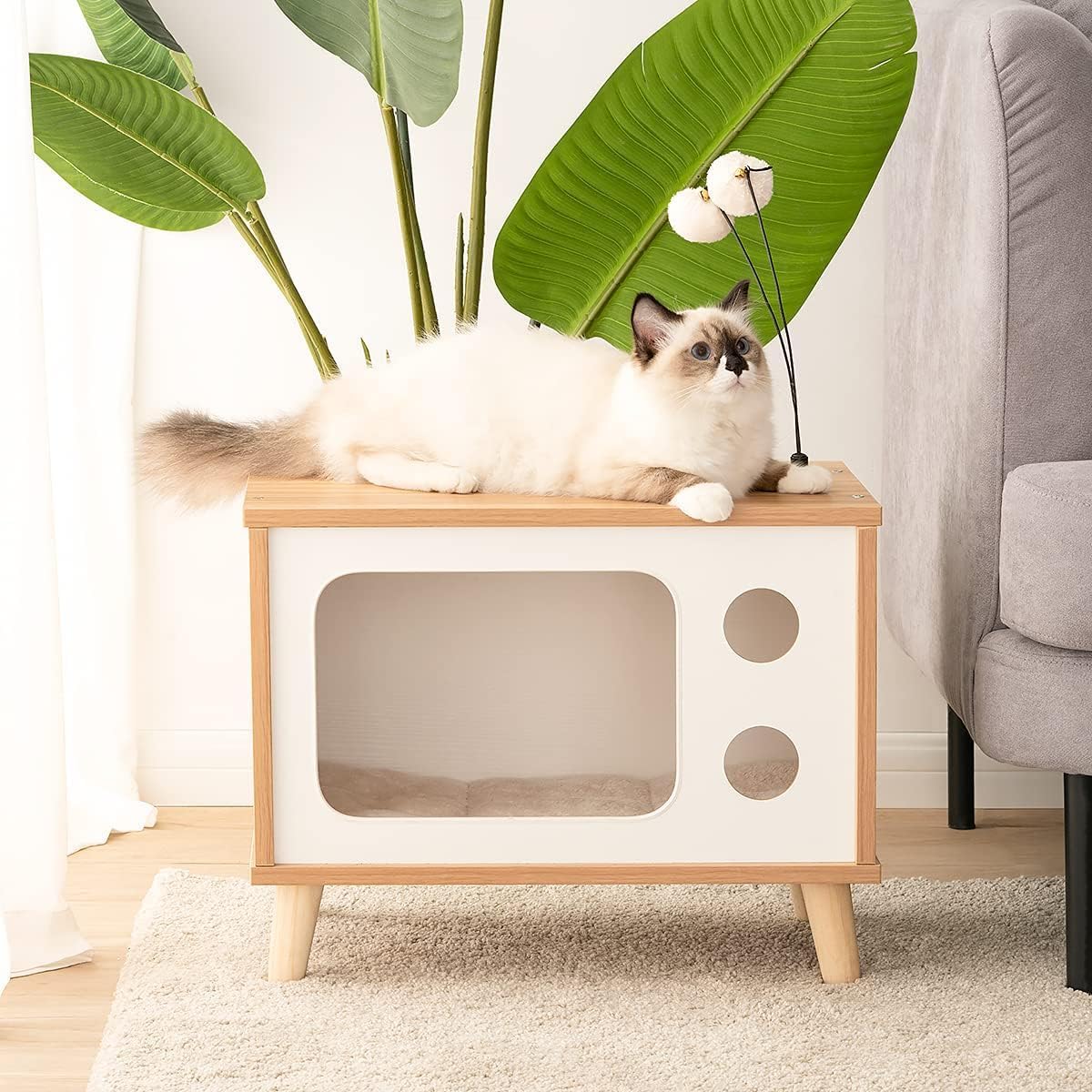 Cat House Wooden Condo Cat Bed Indoor Tv-Shaped Sturdy Large Luxury Cat Shelter Furniture With Cushion Cat Scratcher Bell Ball T