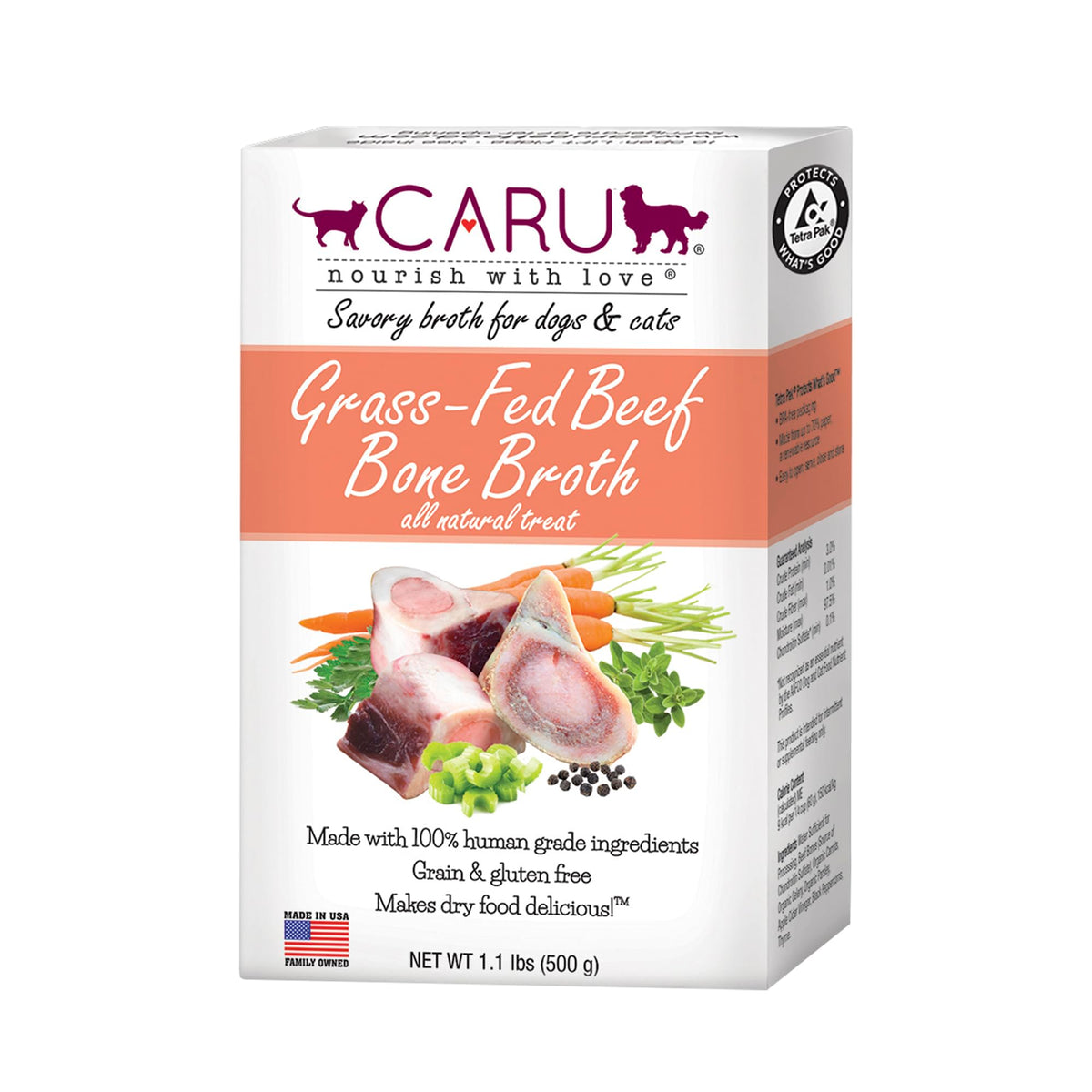 Caru - Grass-Fed Beef Bone Broth For Dogs And Cats, Moistens Dry Food Or Pour Over Freeze Dried Raw Food, Grain And Gluten Free, Non-Gmo Ingredients (1.1 Lbs).